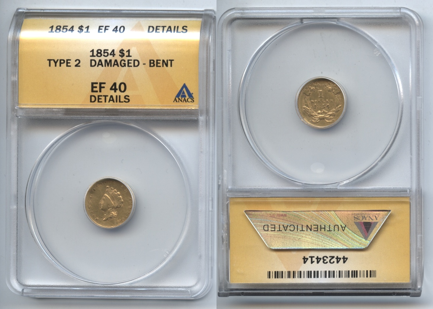 1854 Type II Gold Dollar ANACS EF-40 Details