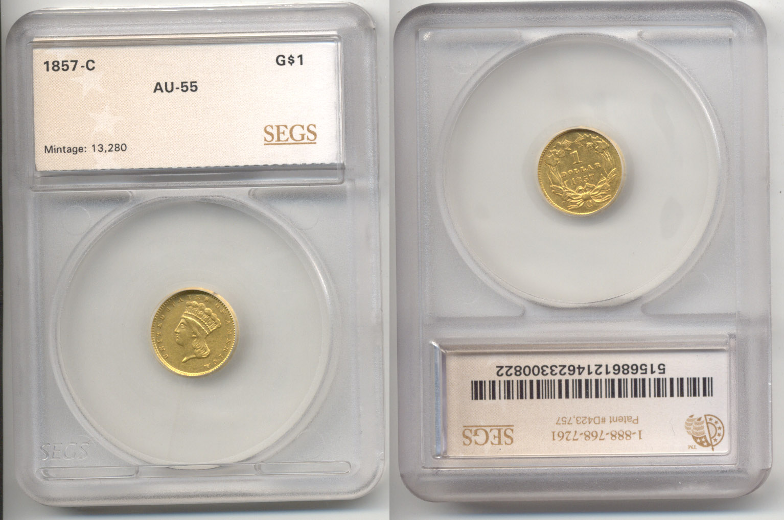 1857-C Gold Dollar SEGS AU-55