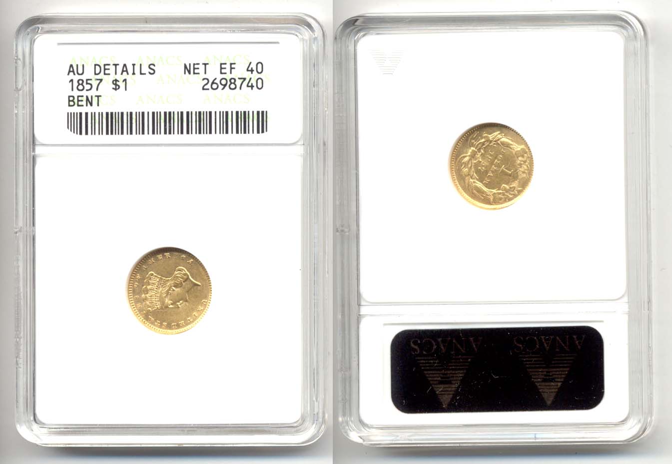 1857 Gold Dollar ANACS AU-50 net EF-40