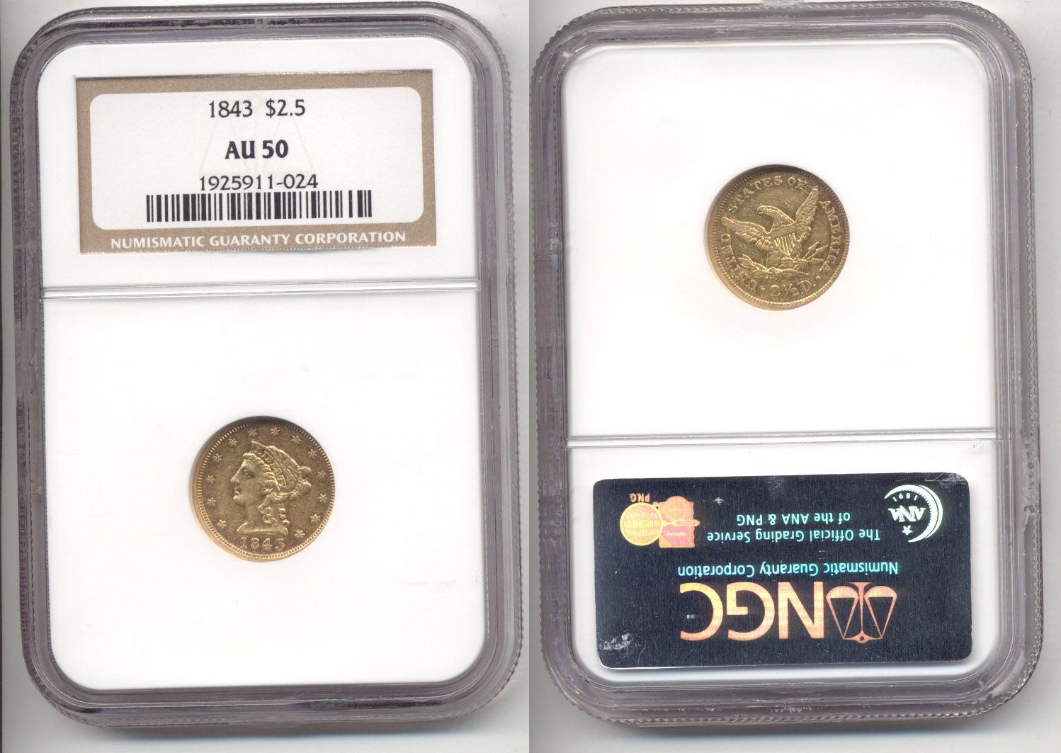 1843 Gold $2.50 Quarter Eagle NGC AU-50