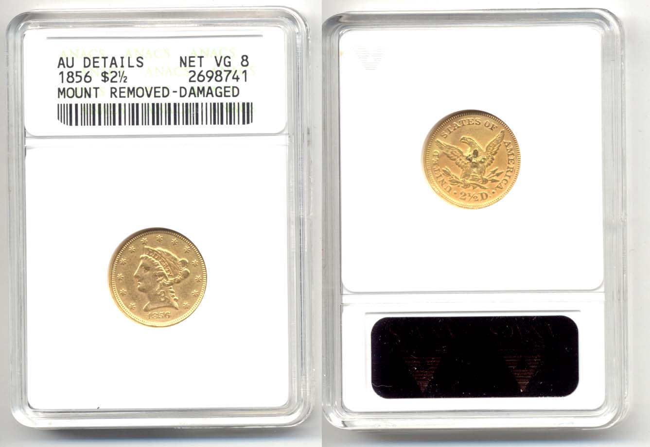 1856 Gold $2.50 Quarter Eagle ANACS AU-50 net VG-8