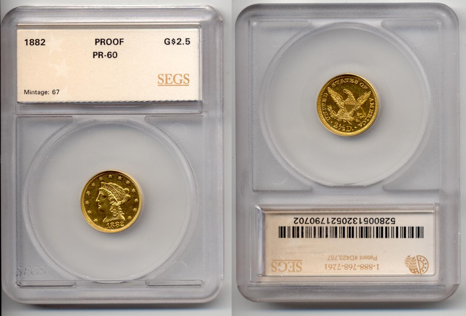 1882 Gold Quarter Eagle SEGS Proof-62