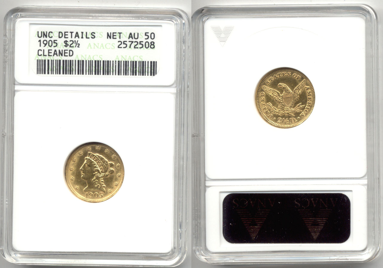 1905 Gold Quarter Eagle ANACS net AU-50