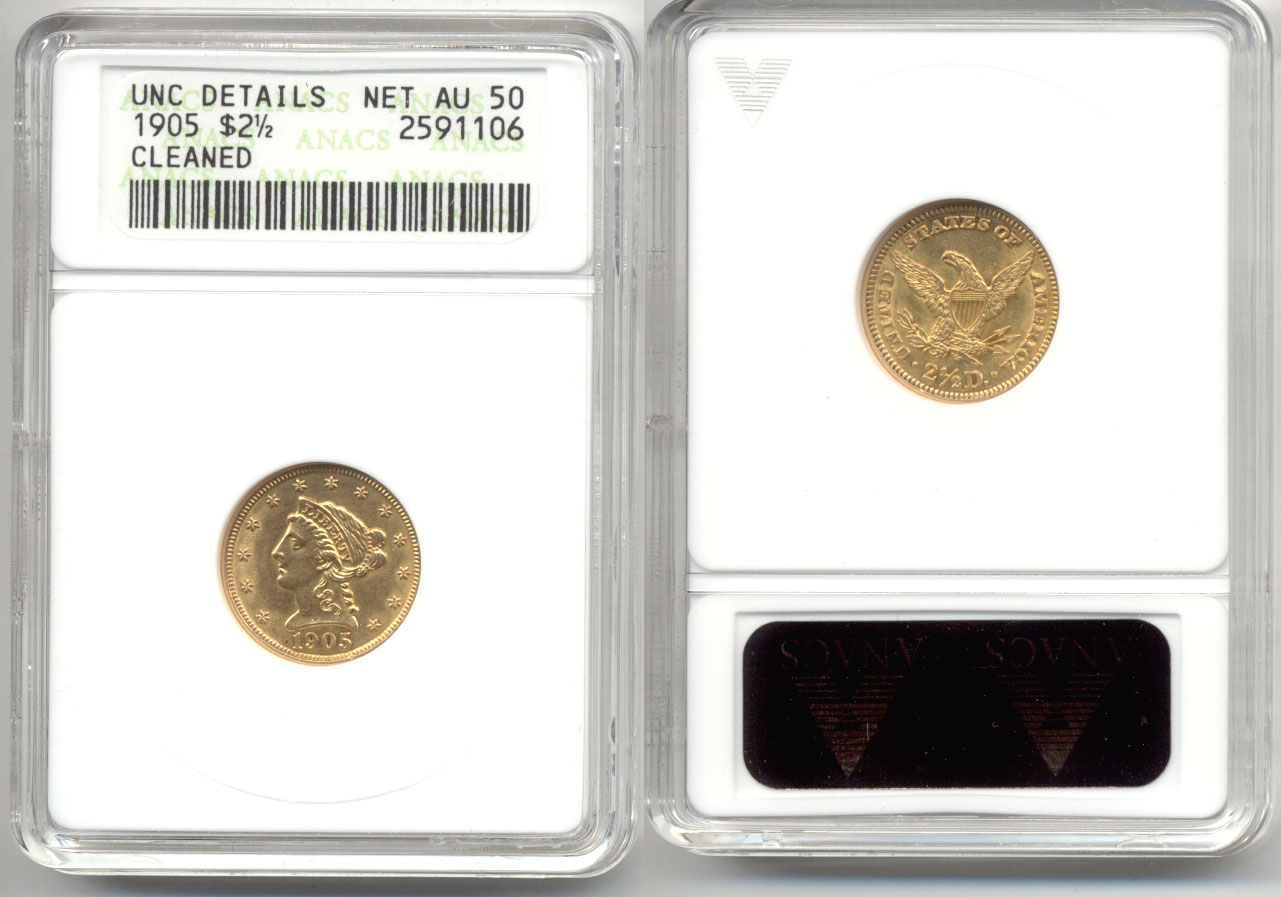 1905 Gold Quarter Eagle ANACS net AU-50 a