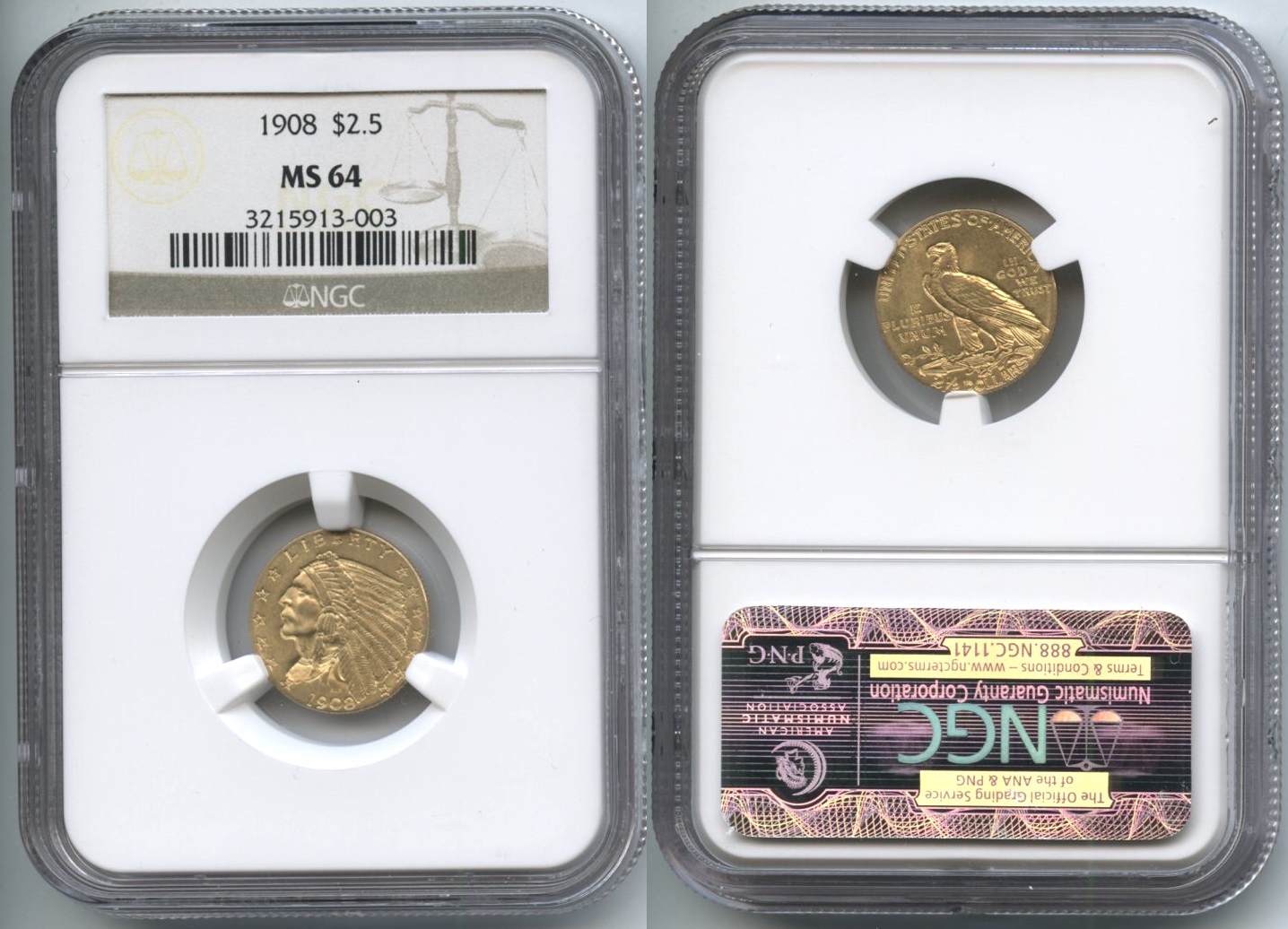 1908 Indian Head Gold Quarter Eagle NGC MS-64