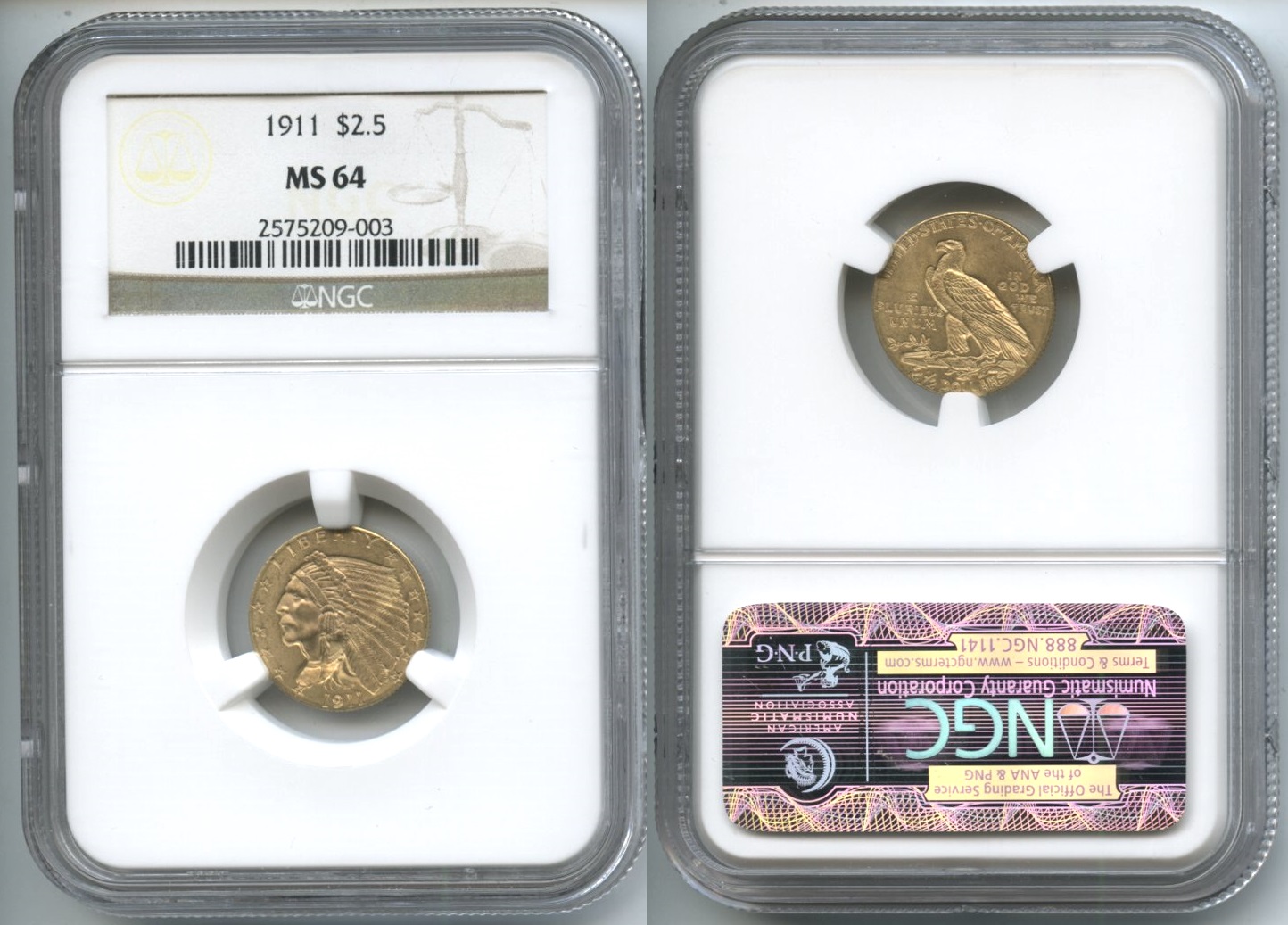 1911 Indian Head Gold Quarter Eagle NGC MS-64