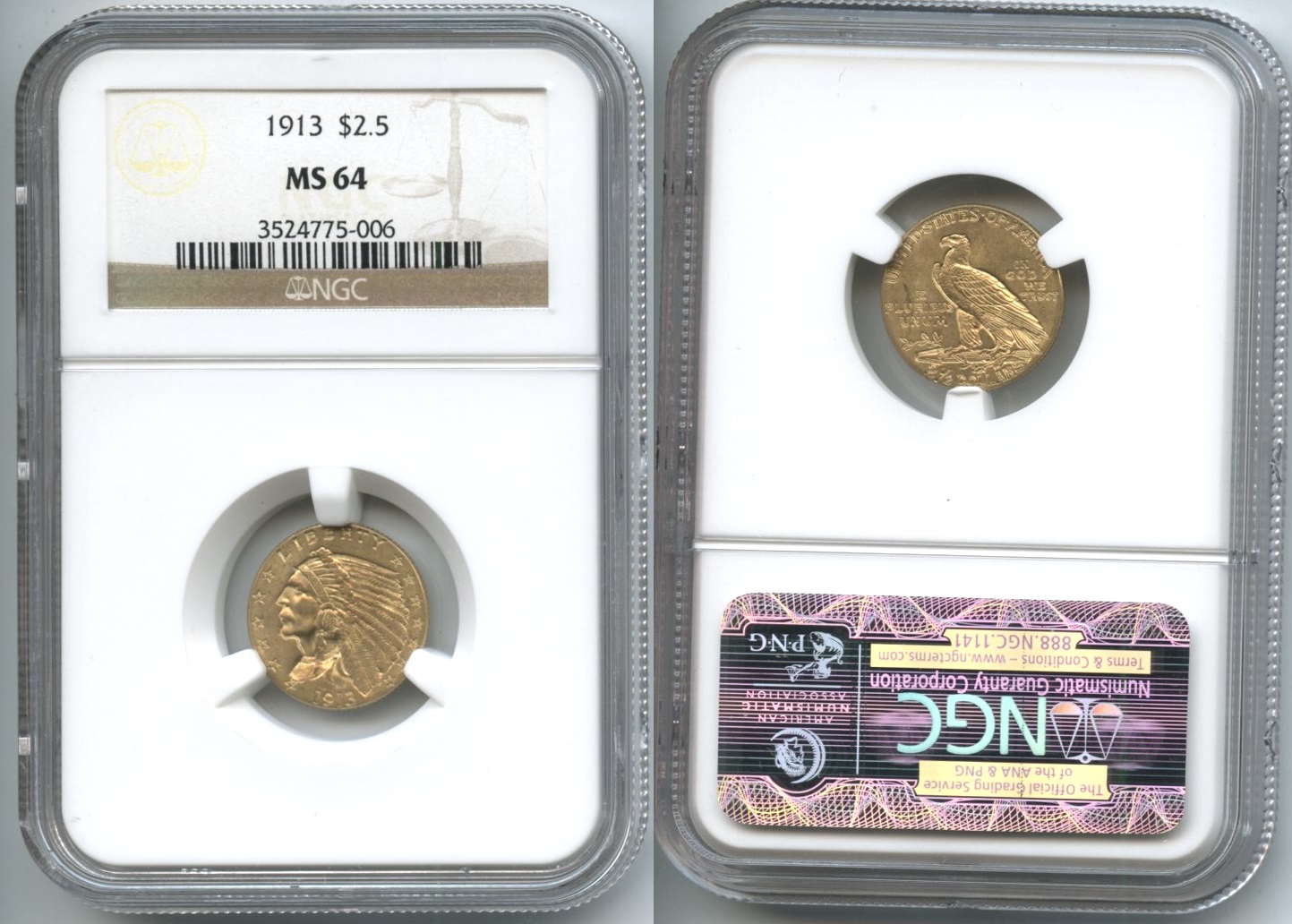 1913 Indian Head Gold Quarter Eagle NGC MS-64