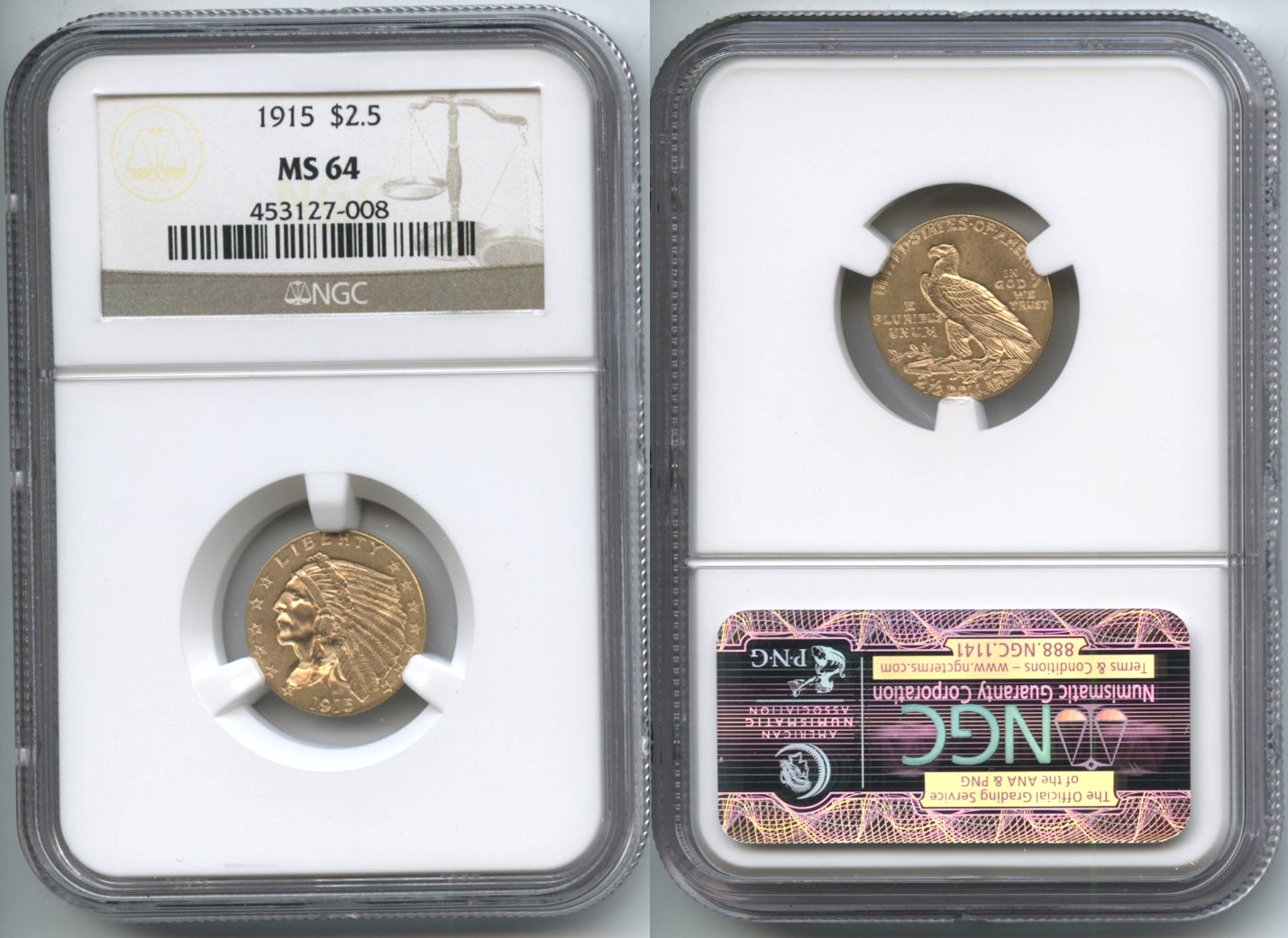1915 Indian Head Gold Quarter Eagle NGC MS-64