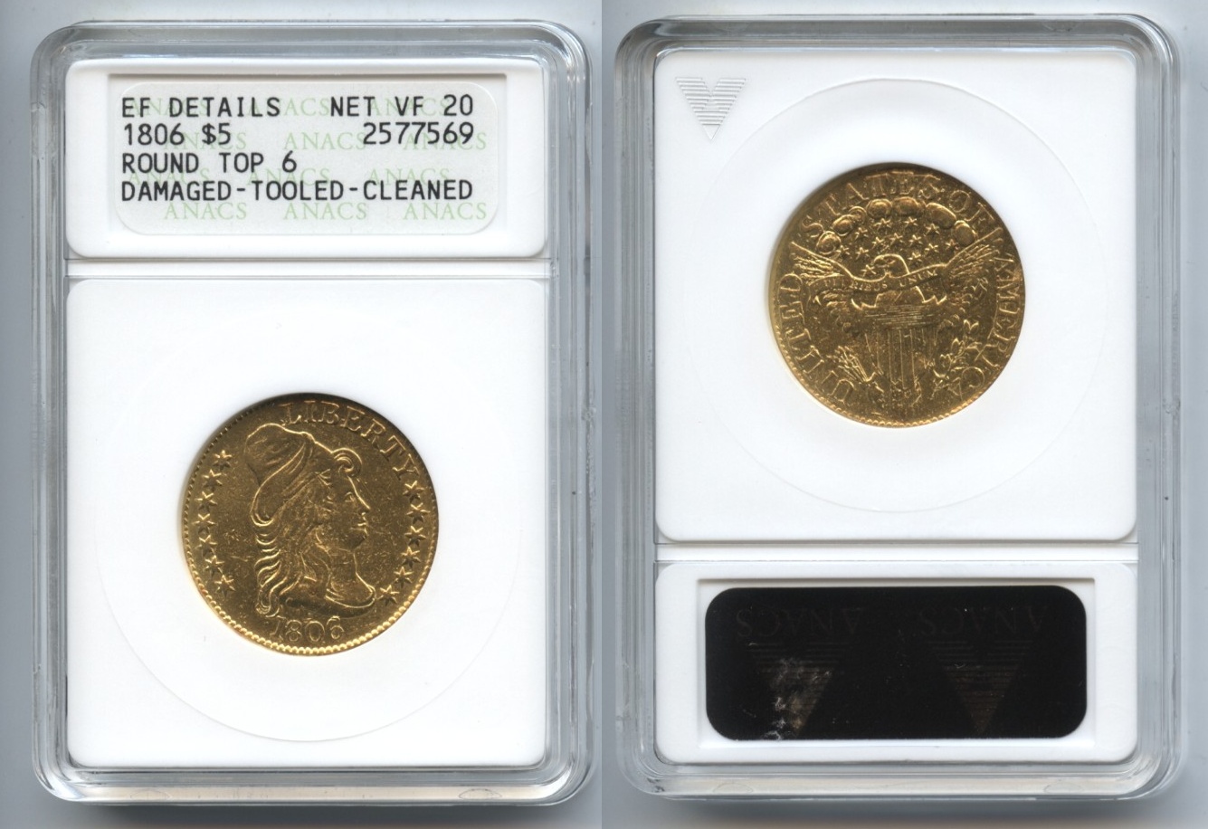 1806 Gold $5.00 Turban Head Half Eagle ANACS EF-40 Details net VF-20