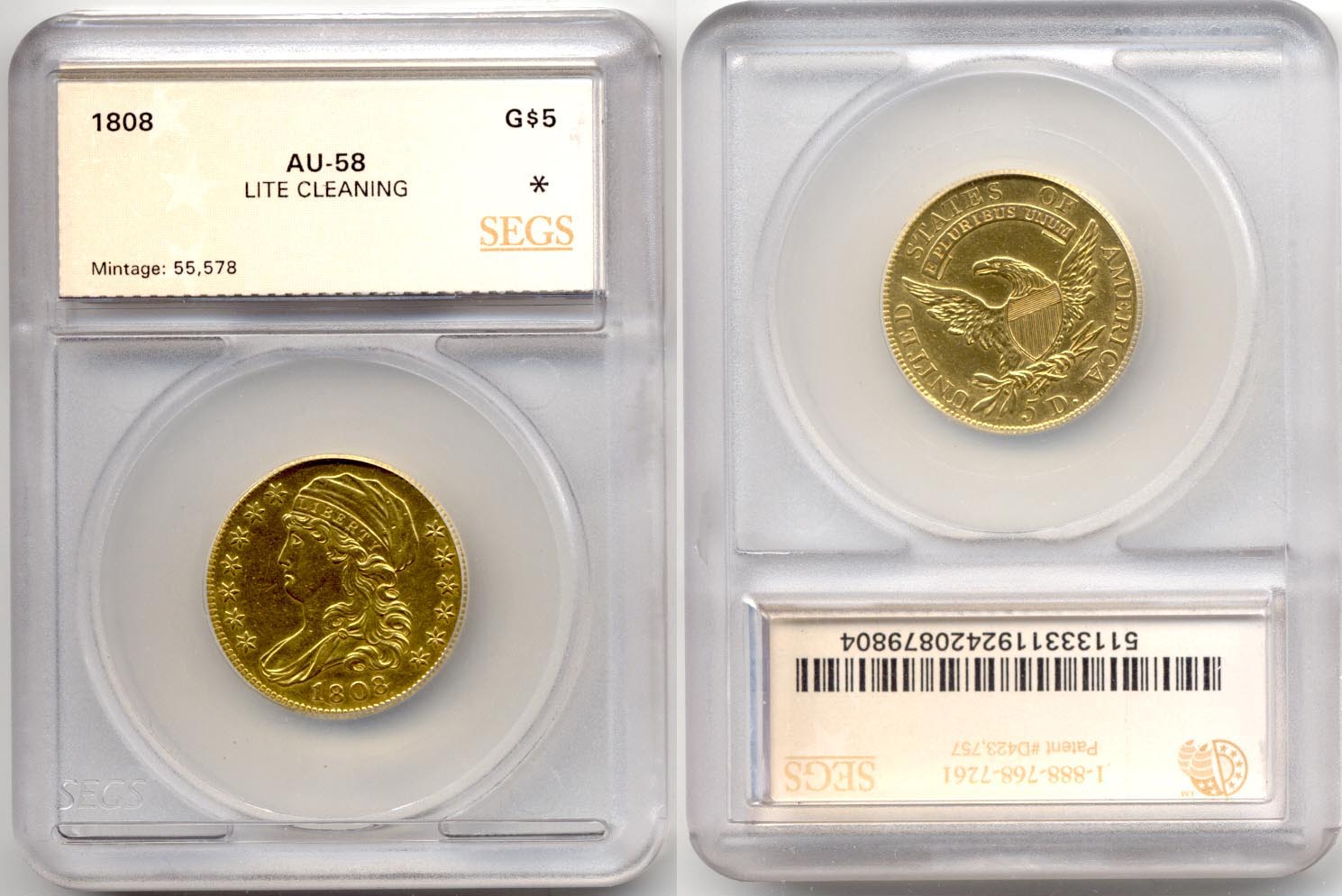 1808 $5.00 Gold Half Eagle SEGS AU-58