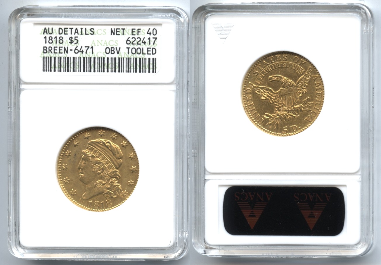 1818 $5.00 Gold Half Eagle ANACS AU Details Net EF-40