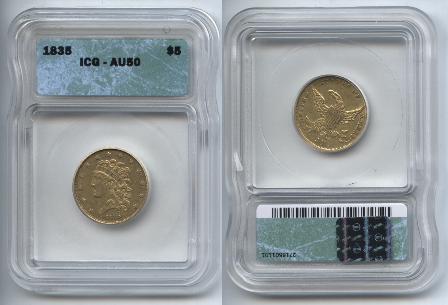 1835 Gold $5.00 Classic Half Eagle ICG AU-50