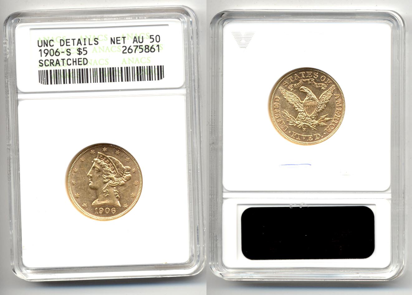 1906-S $5.00 Gold Half Eagle ANACS net AU-50