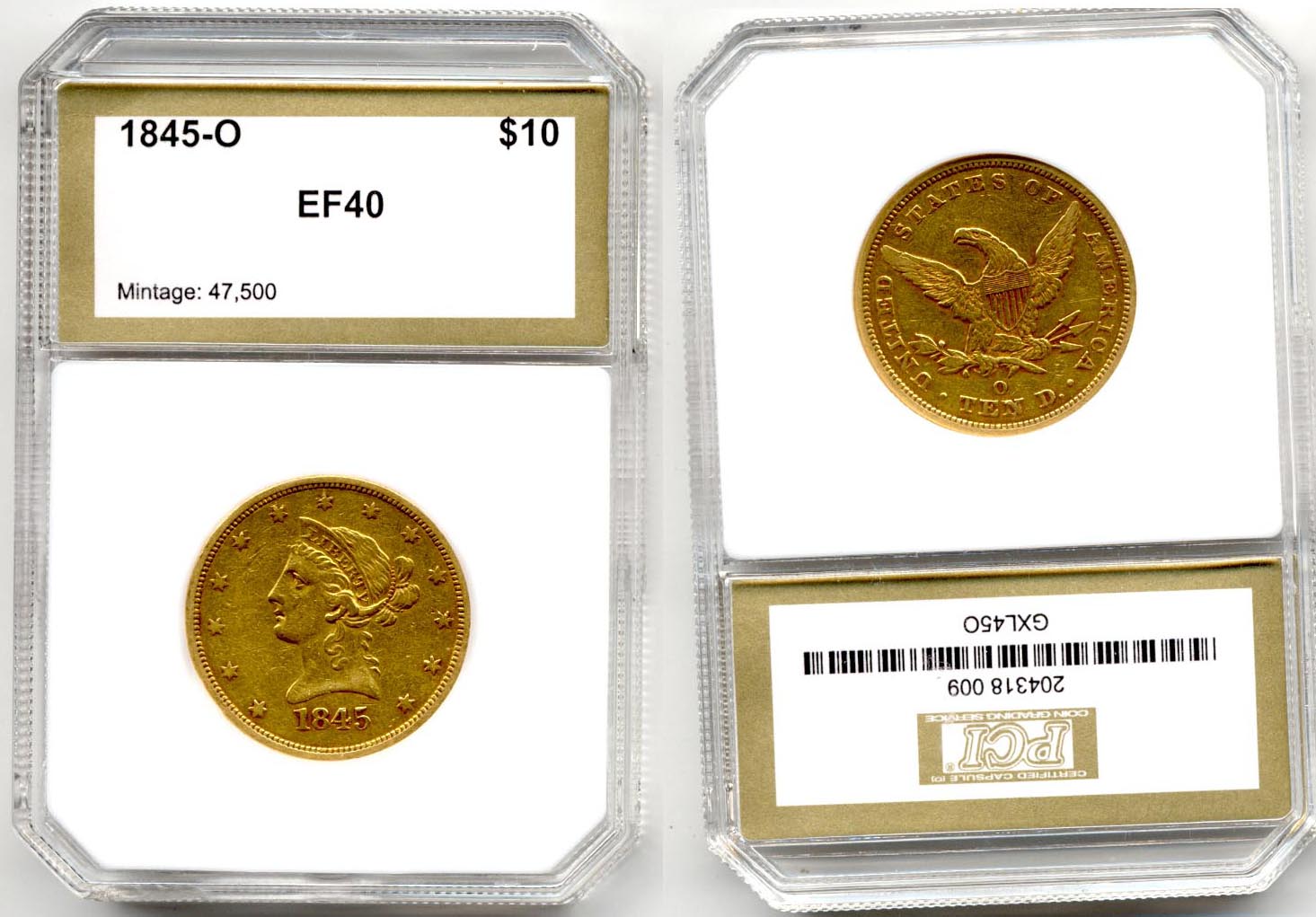 1845-O Gold $10.00 Eagle PCI EF-40