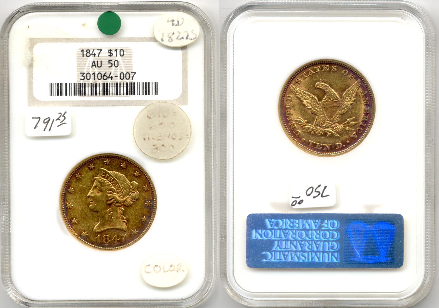 1847 $10 Gold Eagle NGC AU-50