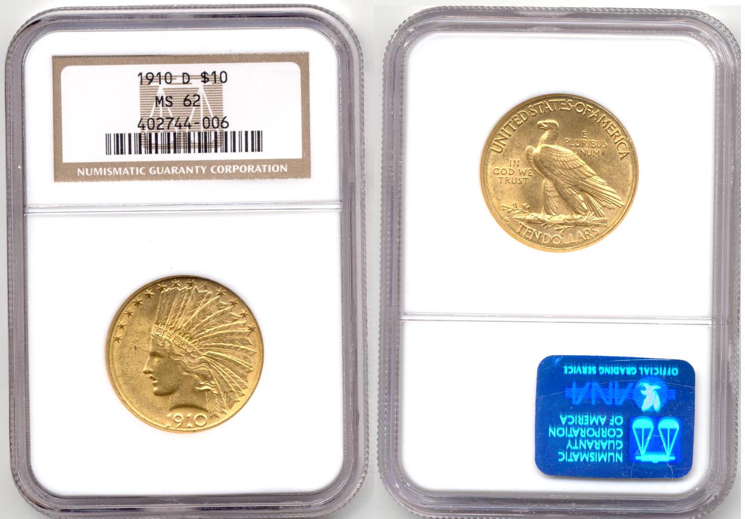 1910-D Indian Head Gold $10.00 Eagle NGC MS-62