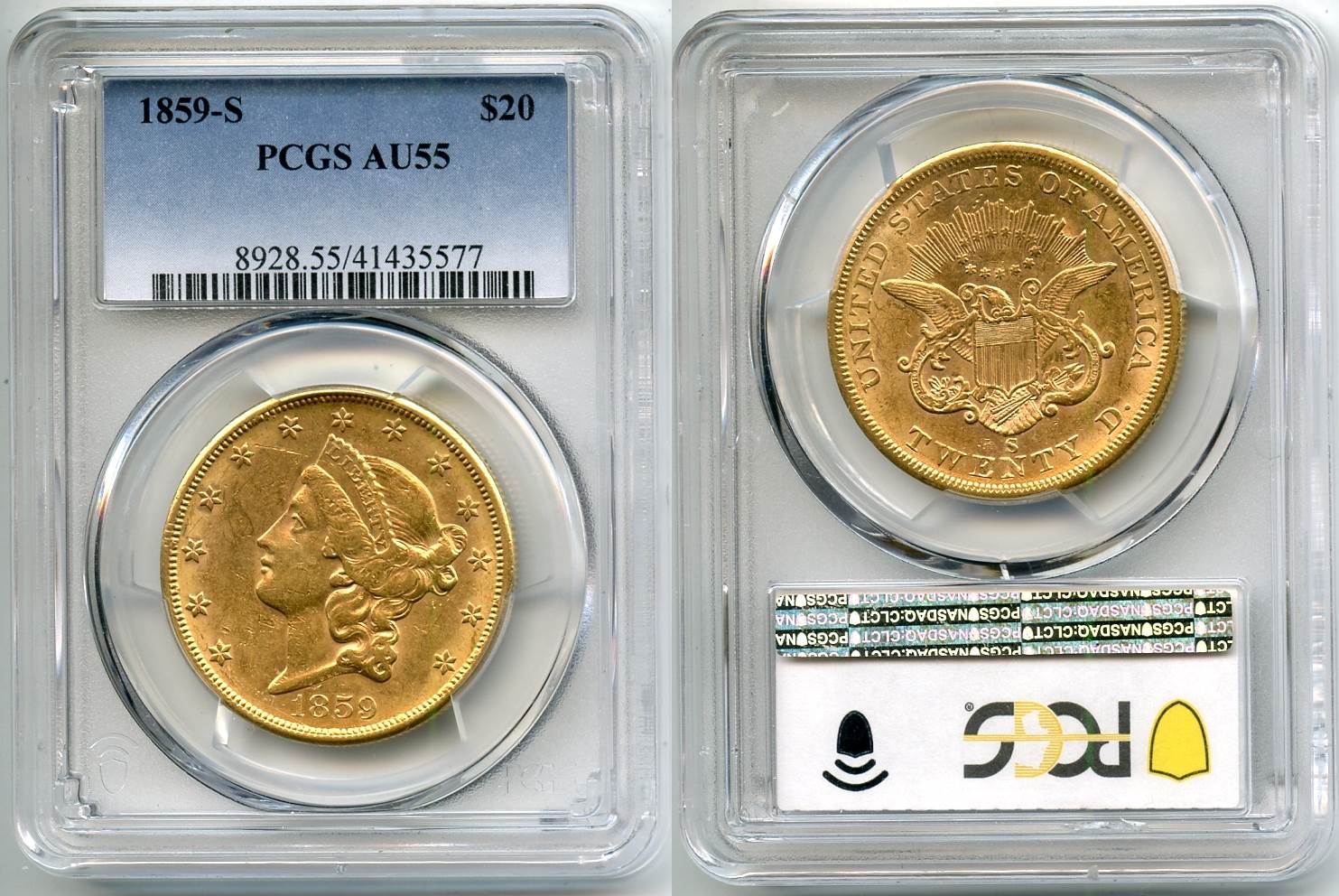 1859-S Gold $20.00 Double Eagle PCGS AU-55