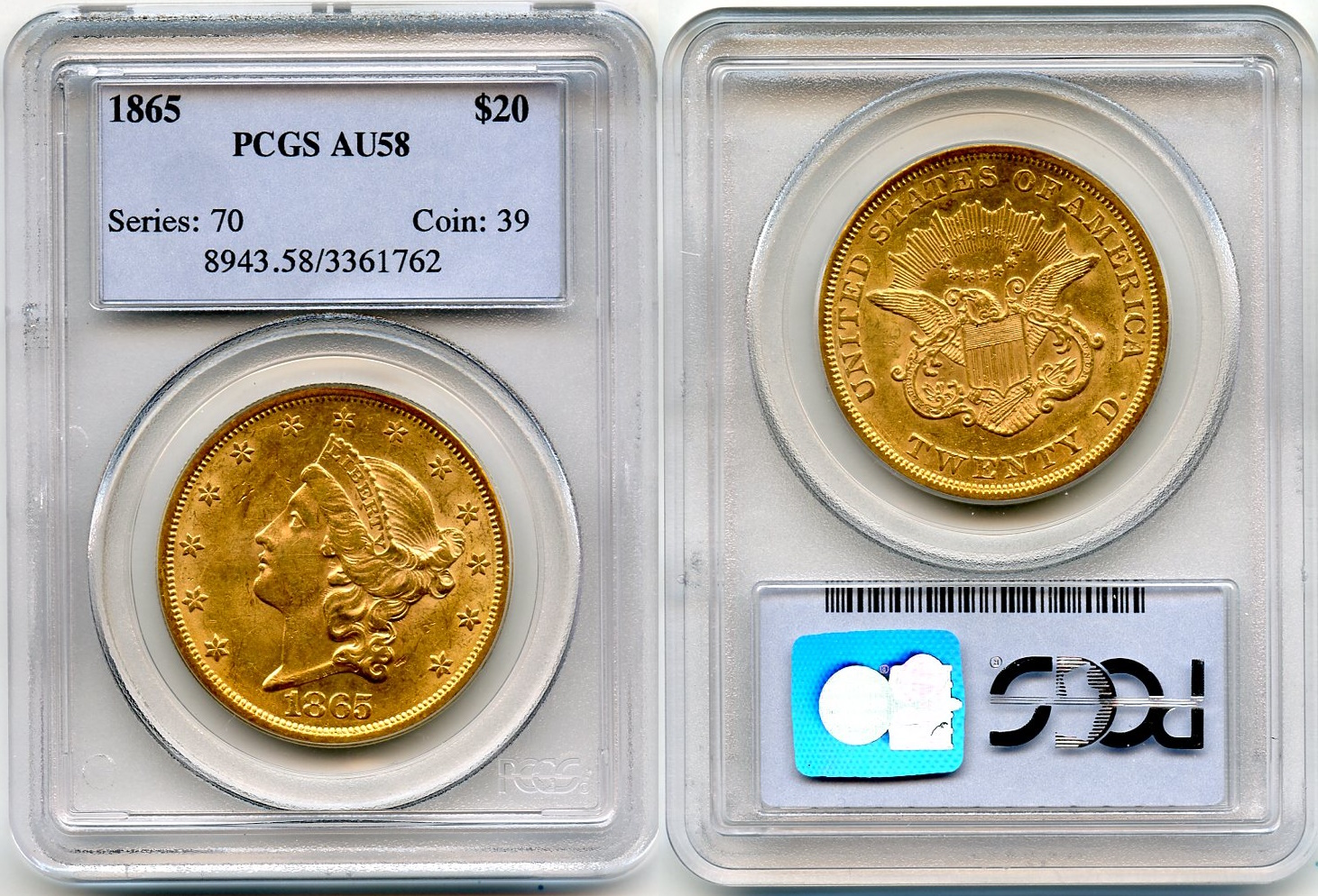 1865 Gold $20.00 Double Eagle PCGS AU-58