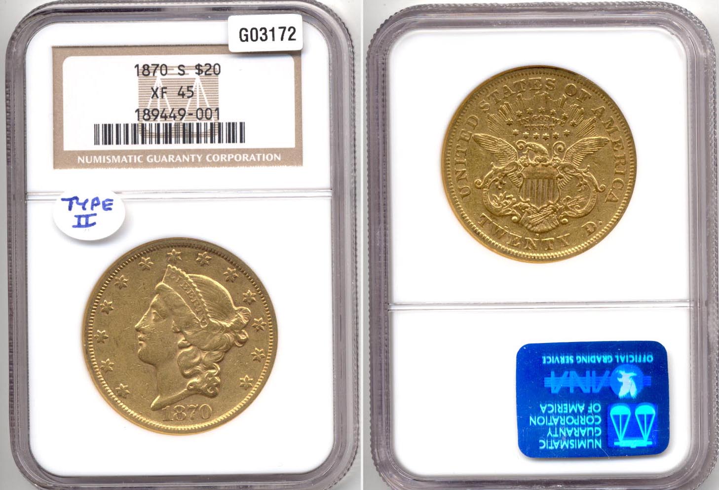 1870-S Gold $20.00 Double Eagle NGC EF-45