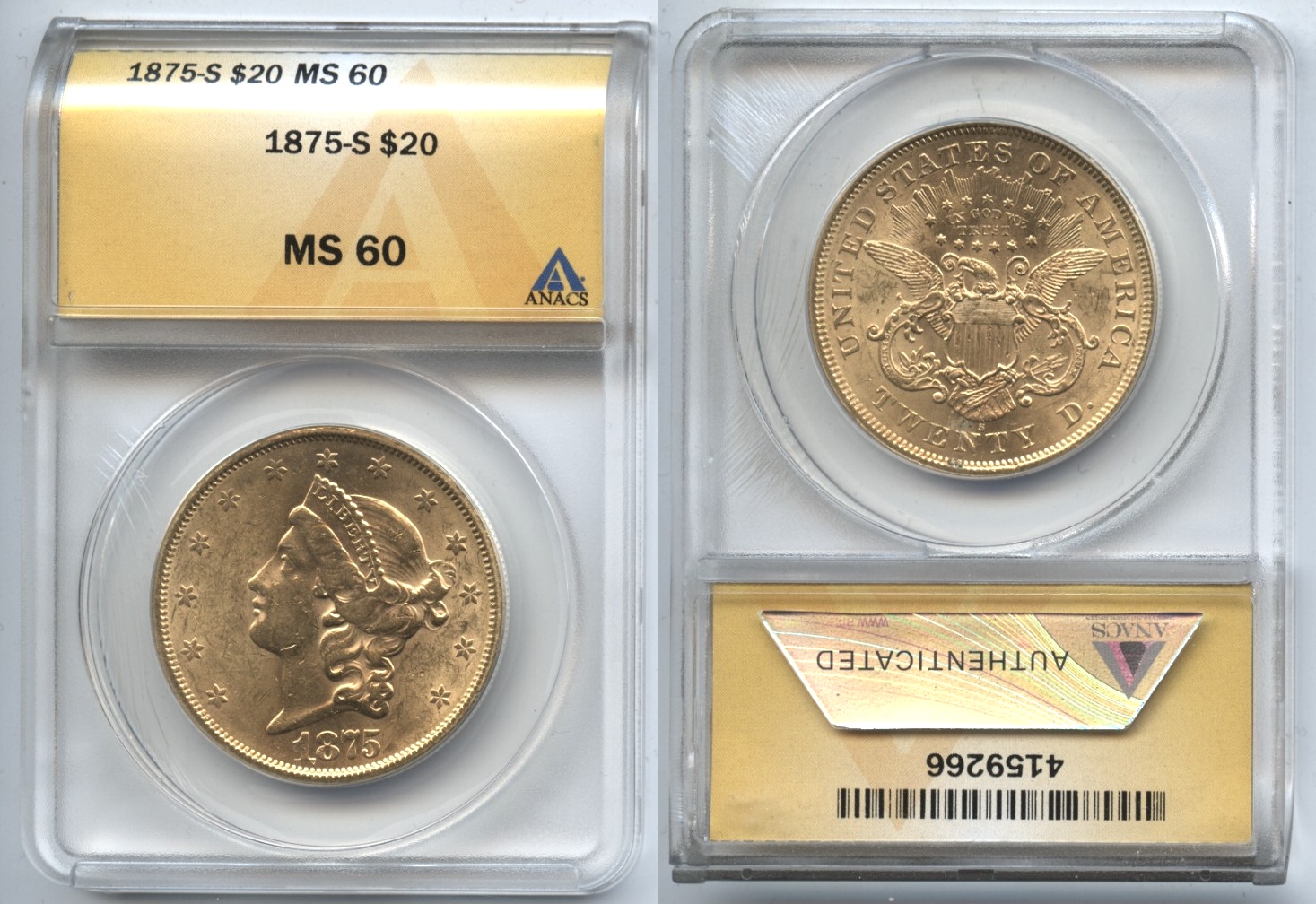 1875-S Gold $20.00 Double Eagle ANACS MS-60