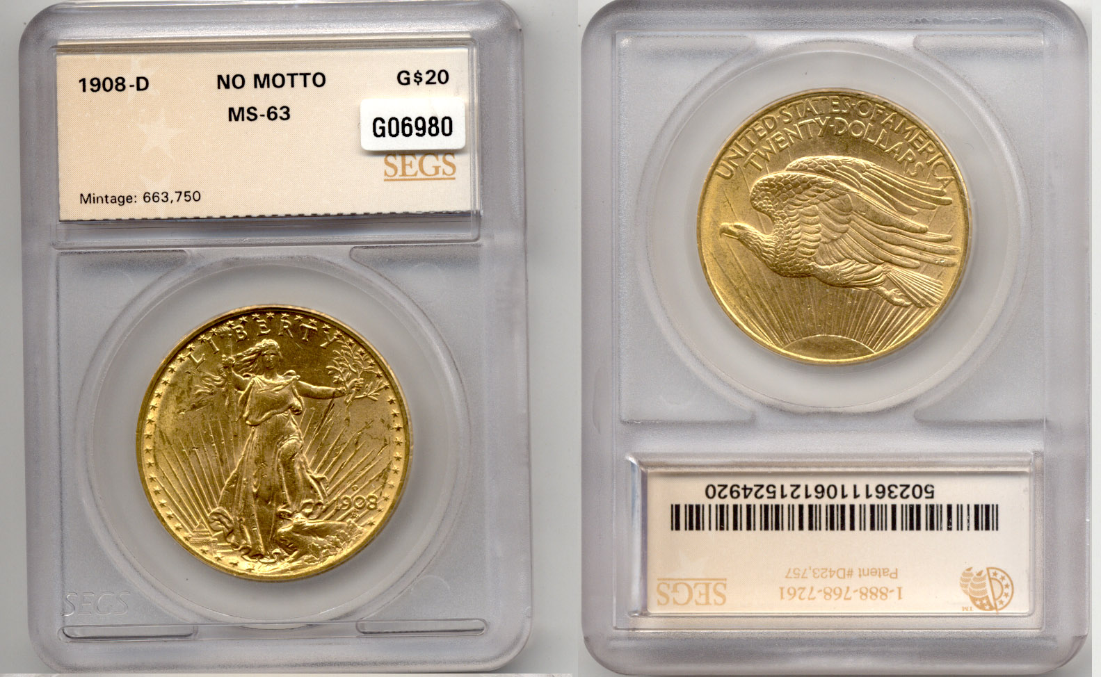 1908-D No Motto Saint Gaudens Double Eagle SEGS MS-63