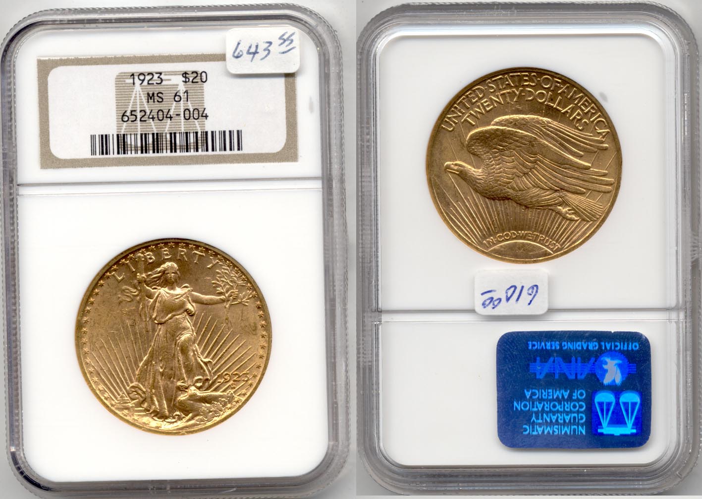 1923 Saint Gaudens Double Eagle NGC MS-61