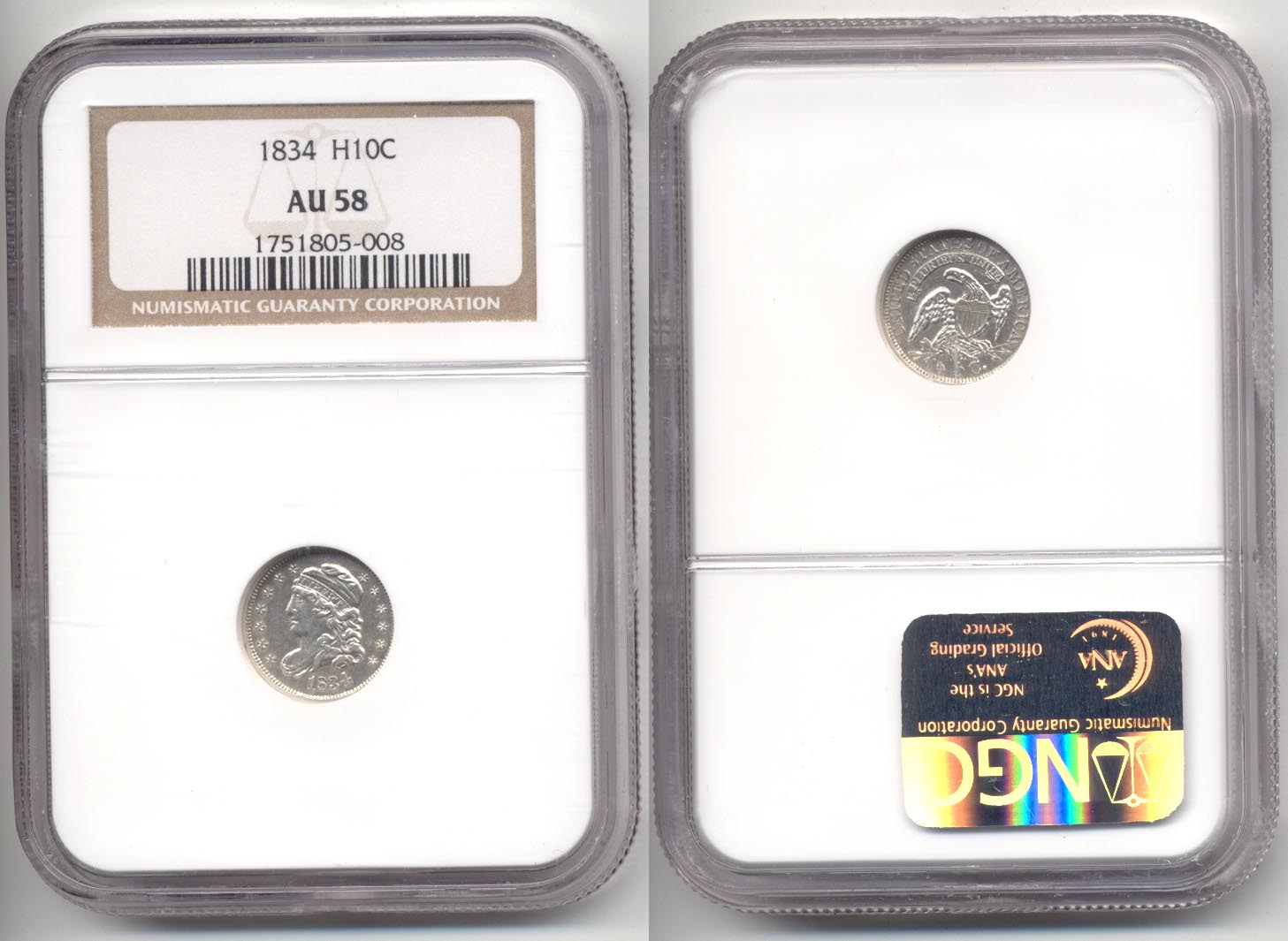 1834 Capped Bust Half Dime NGC AU-58