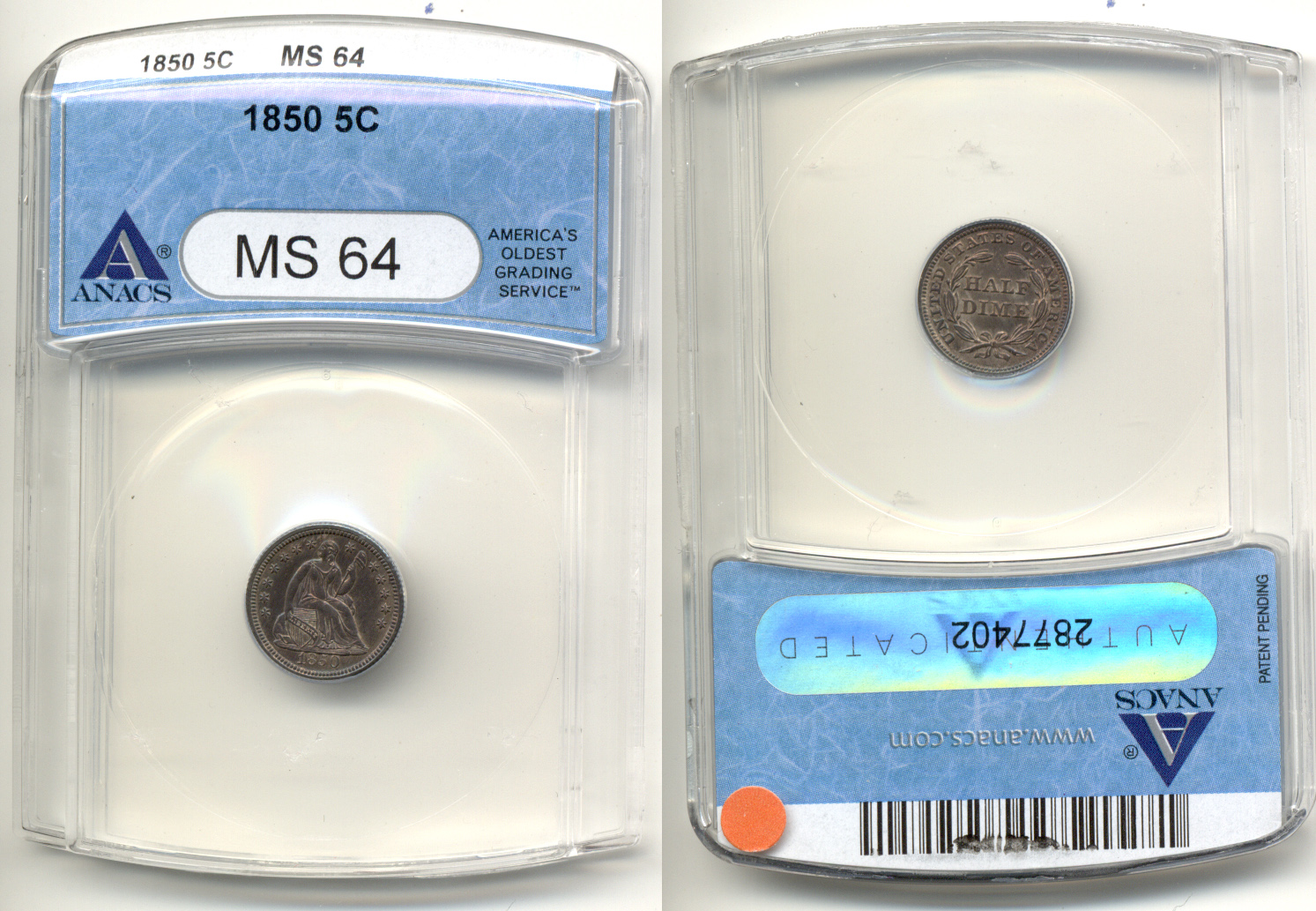 1850 Seated Liberty Half Dime ANACS MS-64