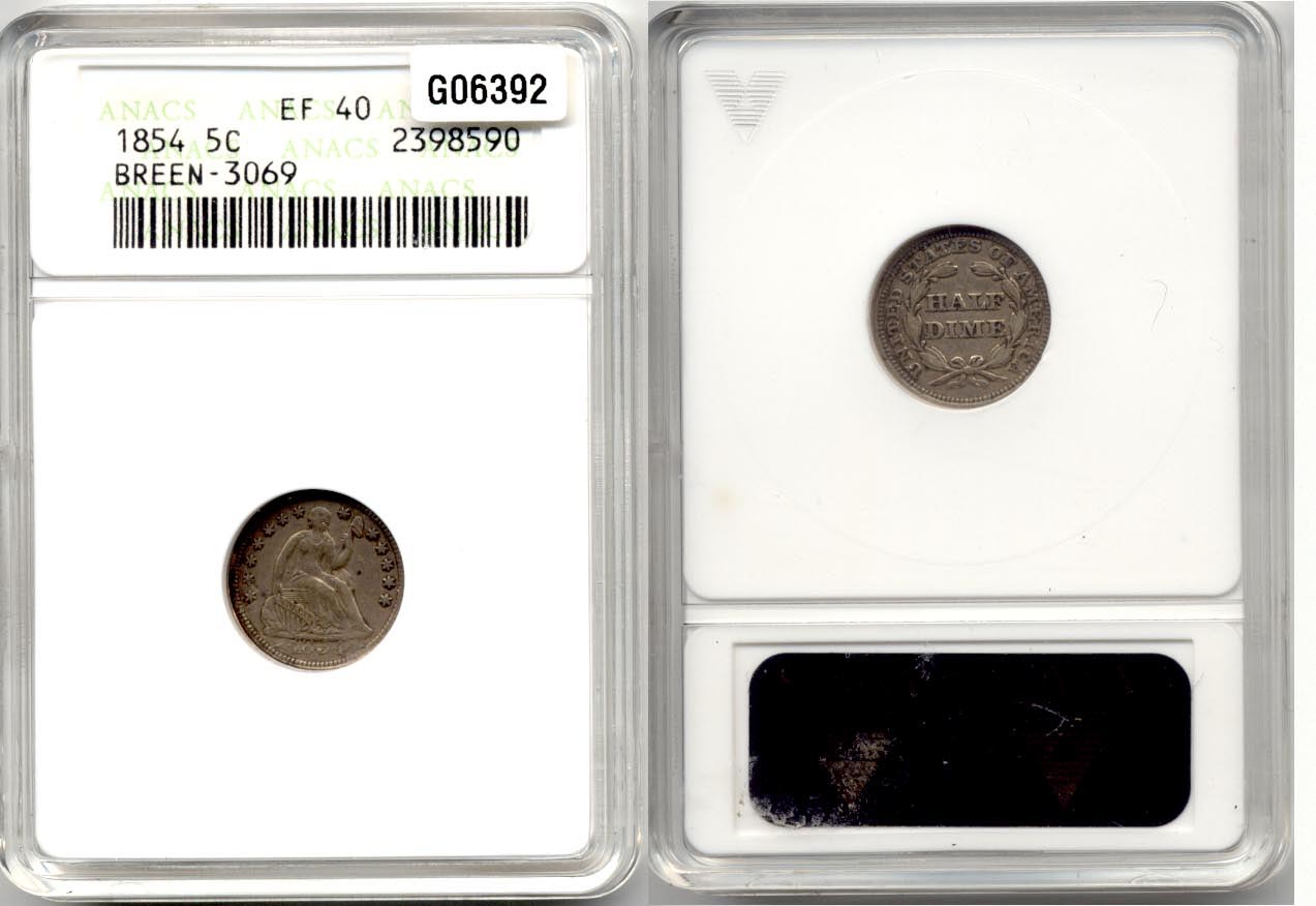 1854 Breen-3069 Seated Liberty Half Dime ANACS EF-40