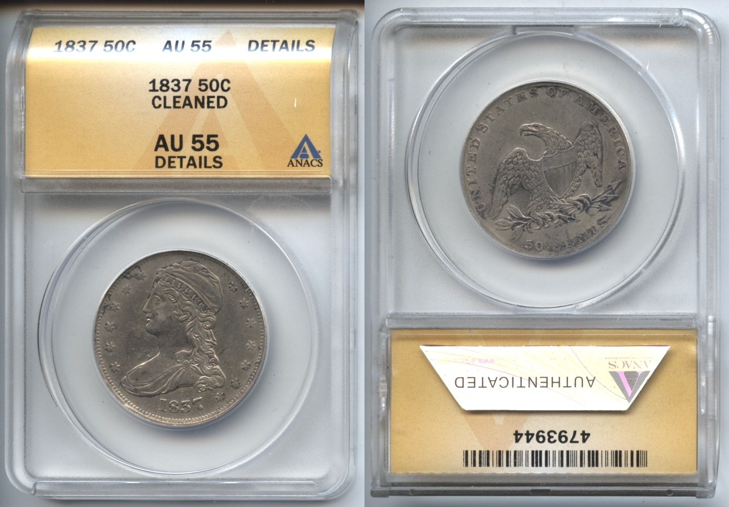 1837 Reeded Edge Capped Bust Half Dollar ANACS AU-55 Details Cleaned
