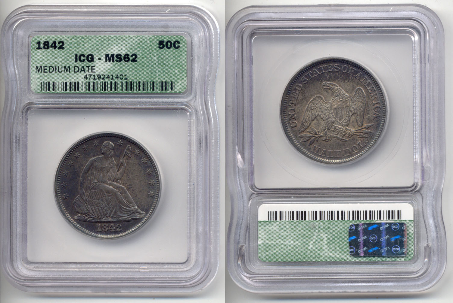 1842 Seated Liberty Half Dollar in ICG MS-62