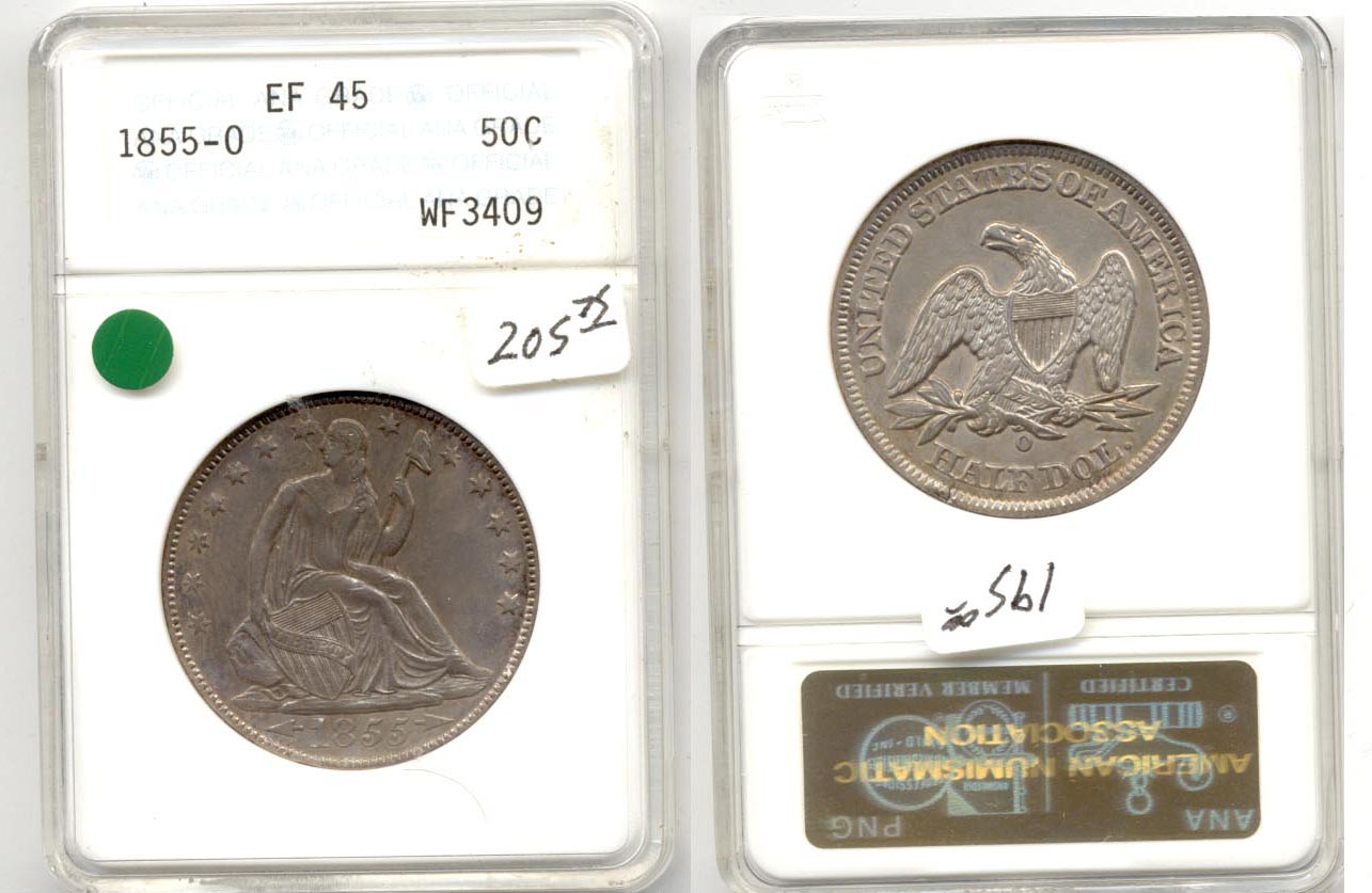 1855-O Seated Liberty Half Dollar ANACS EF-45