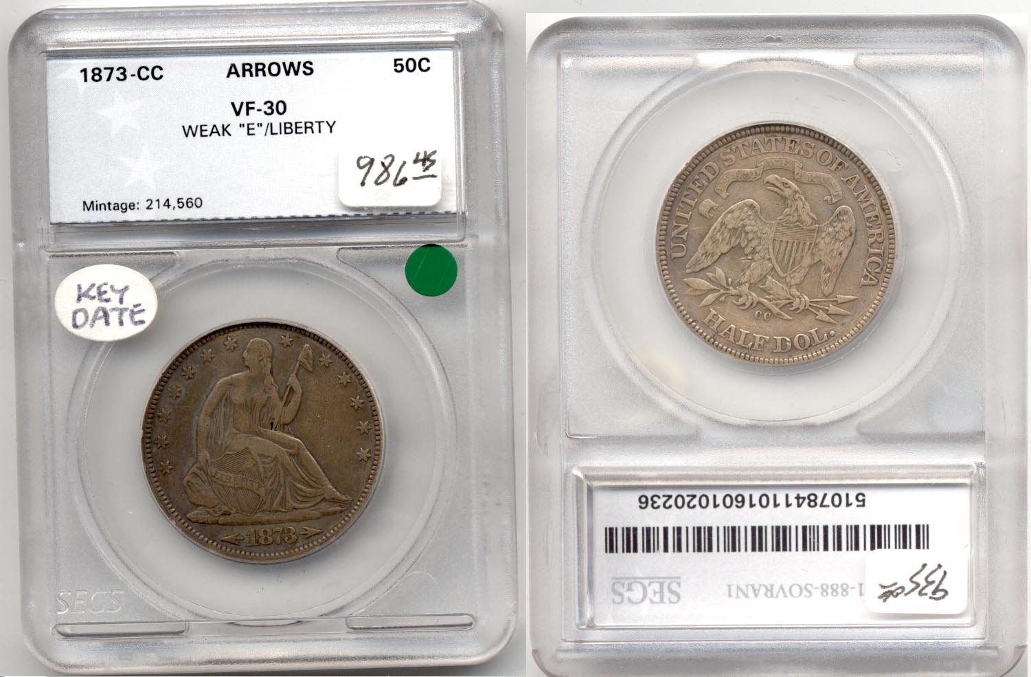 1873-CC Seated Liberty Half Dollar SEGS VF-30