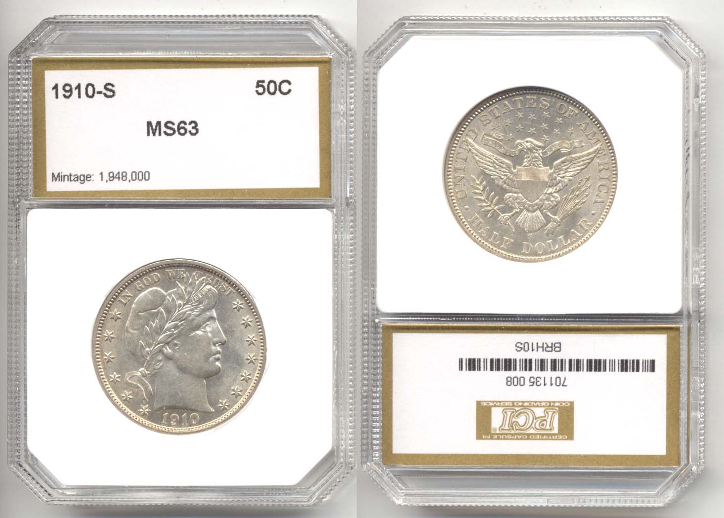 1910-S Barber Half Dollar PCI MS-63