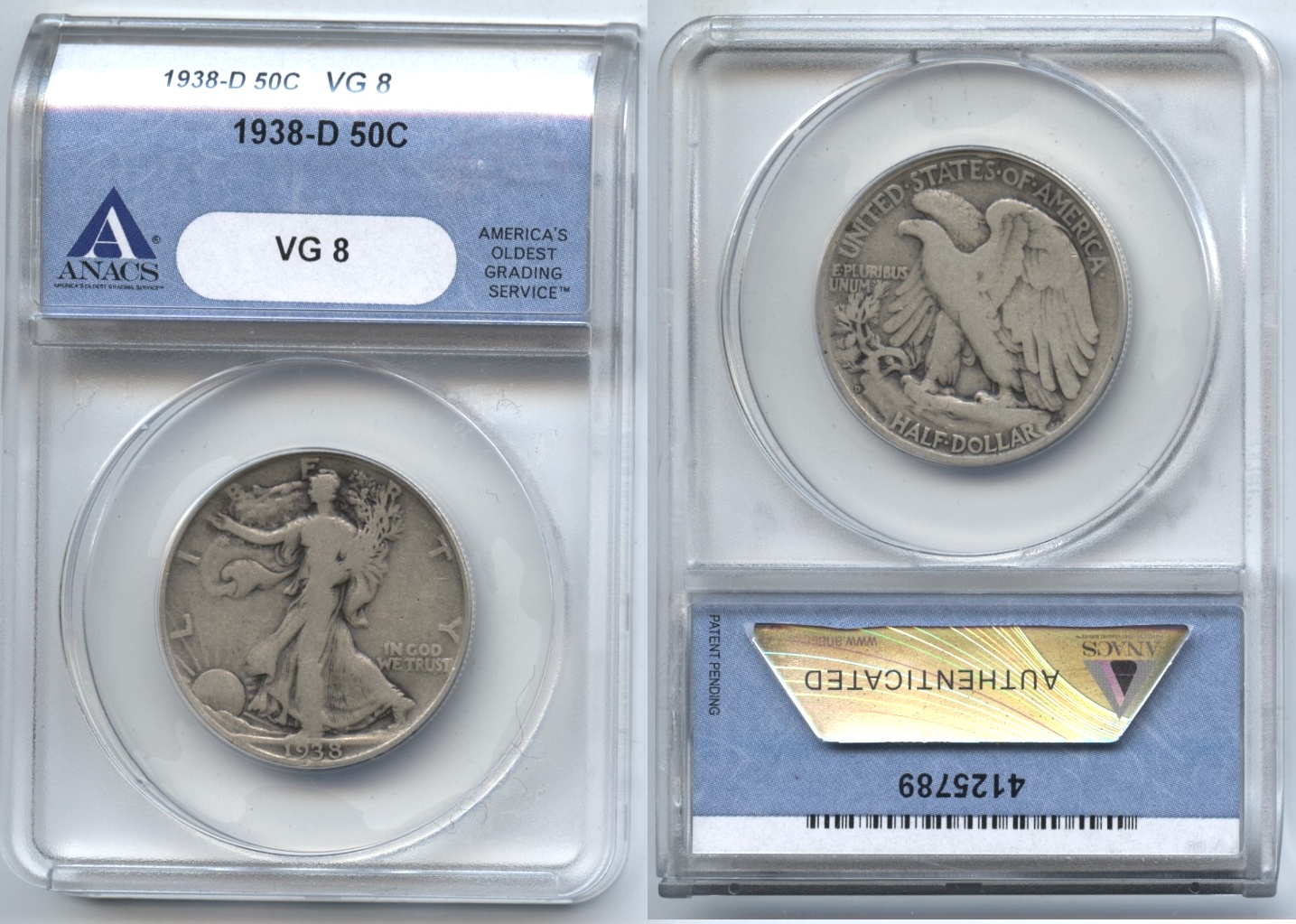 1938-D Walking Liberty Half Dollar ANACS VG-8