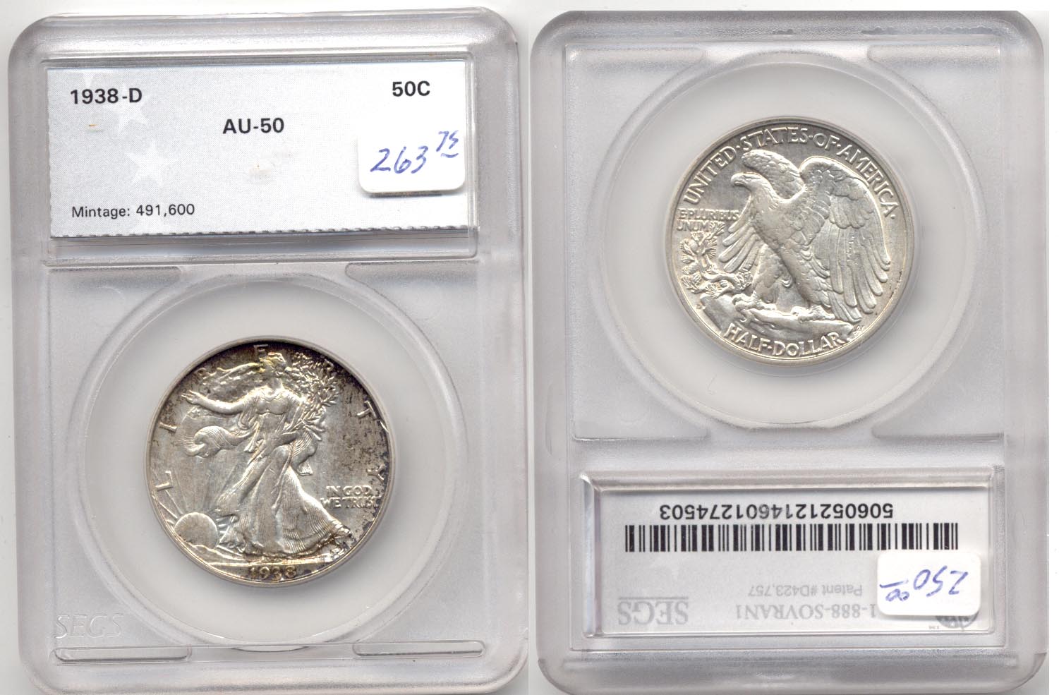 1938-D Walking Liberty Half Dollar SEGS AU-50