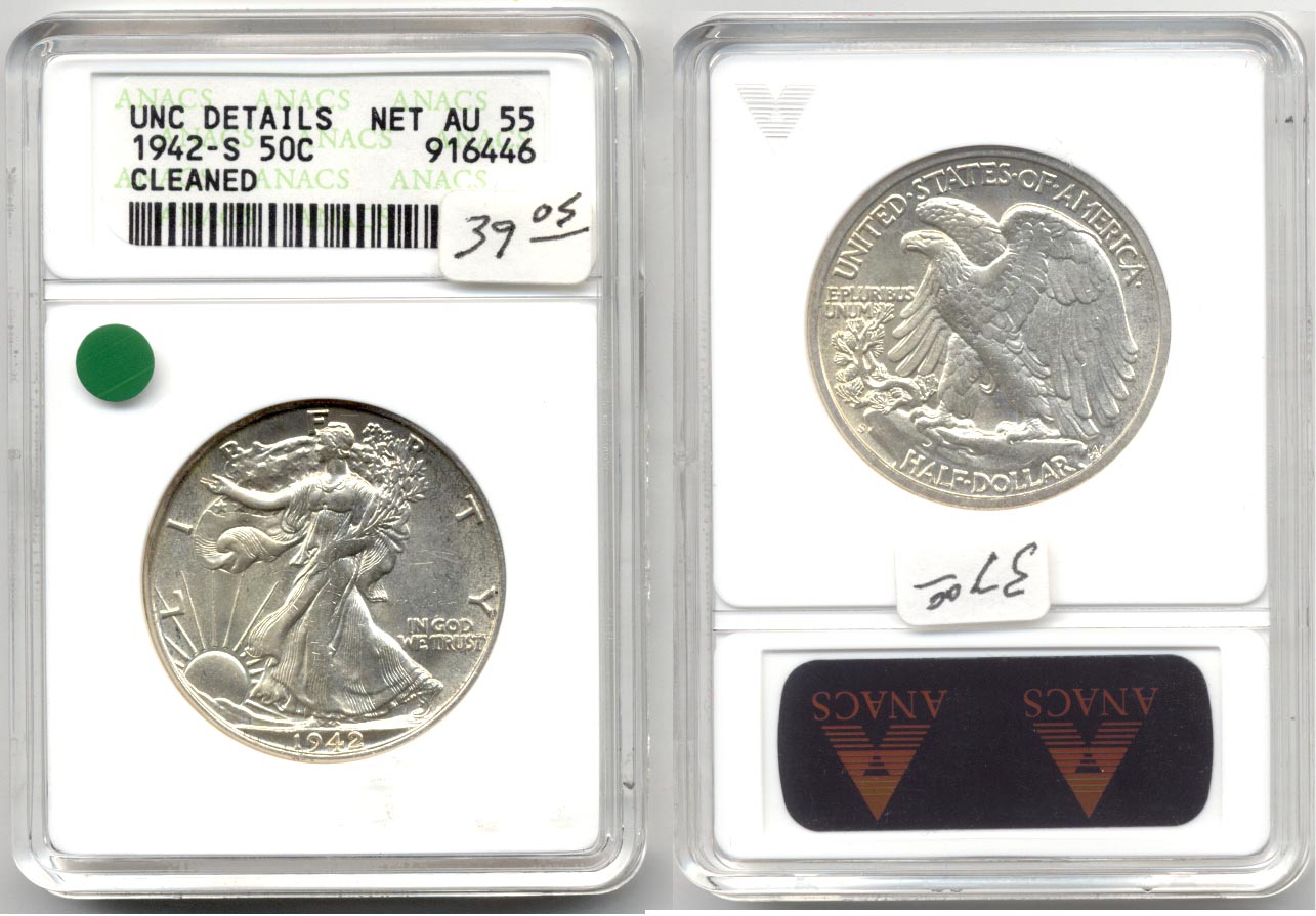 1942-S Walking Liberty Half Dollar ANACS AU-55 Cleaned