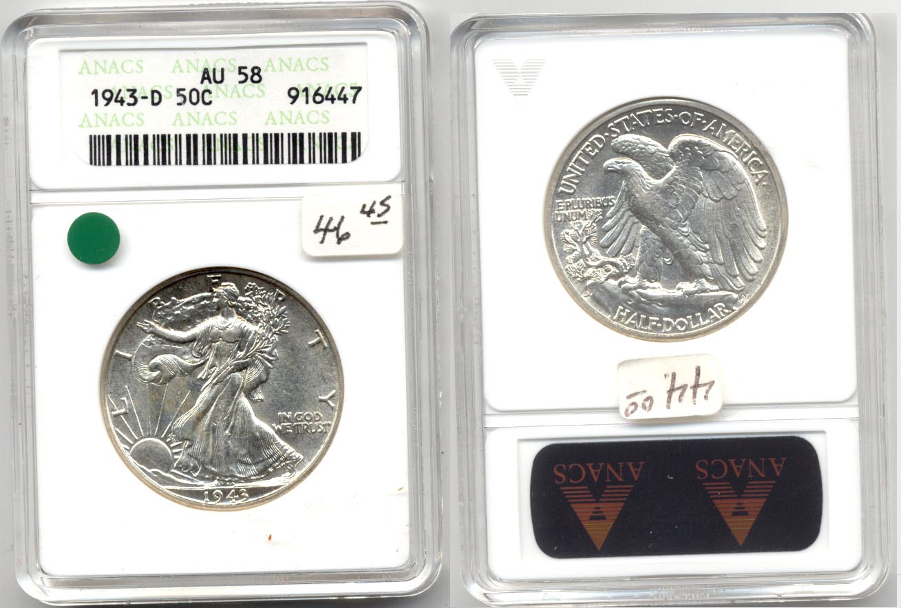 1943-D Walking Liberty Half Dollar ANACS AU-58