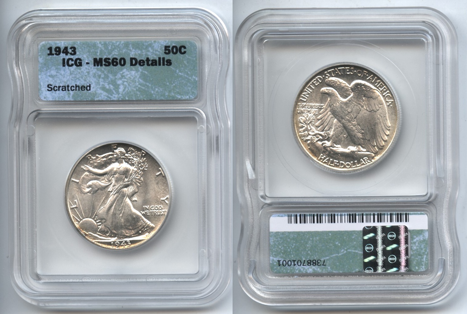 1943 Walking Liberty Half Dollar ICG MS-60 Details Scratched