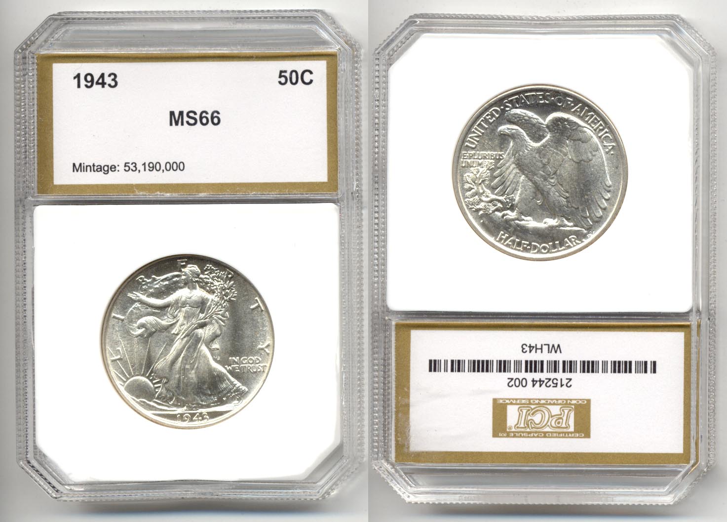 1943 Walking Liberty Half Dollar PCI MS-66