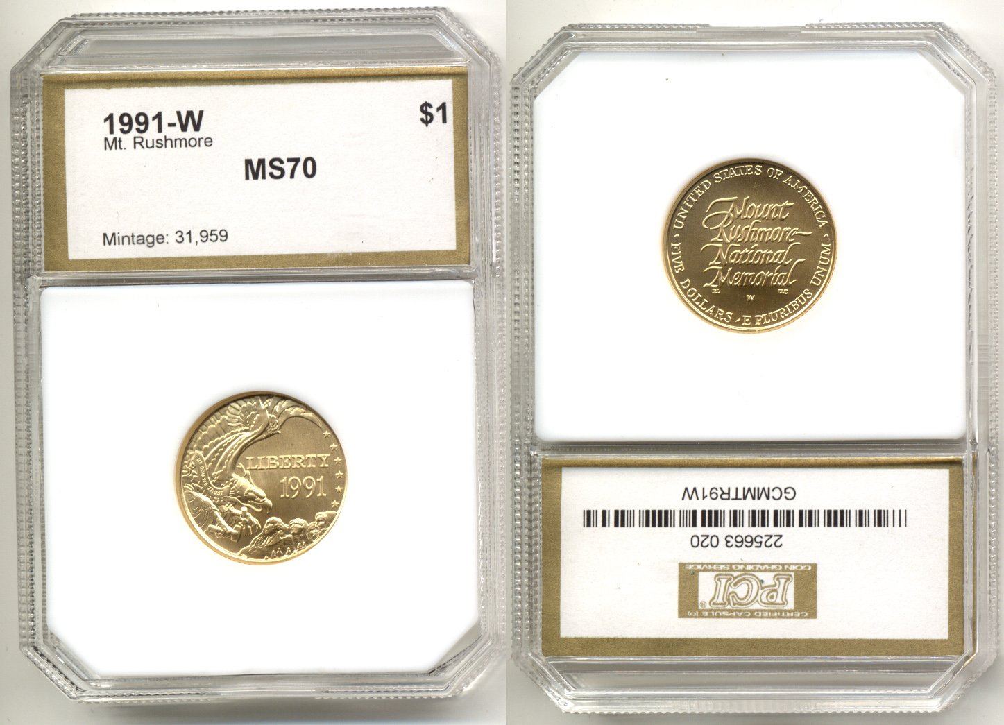 1991-W Mount Rushmore Commemorative $5 Gold Half Eagle PCI MS-70