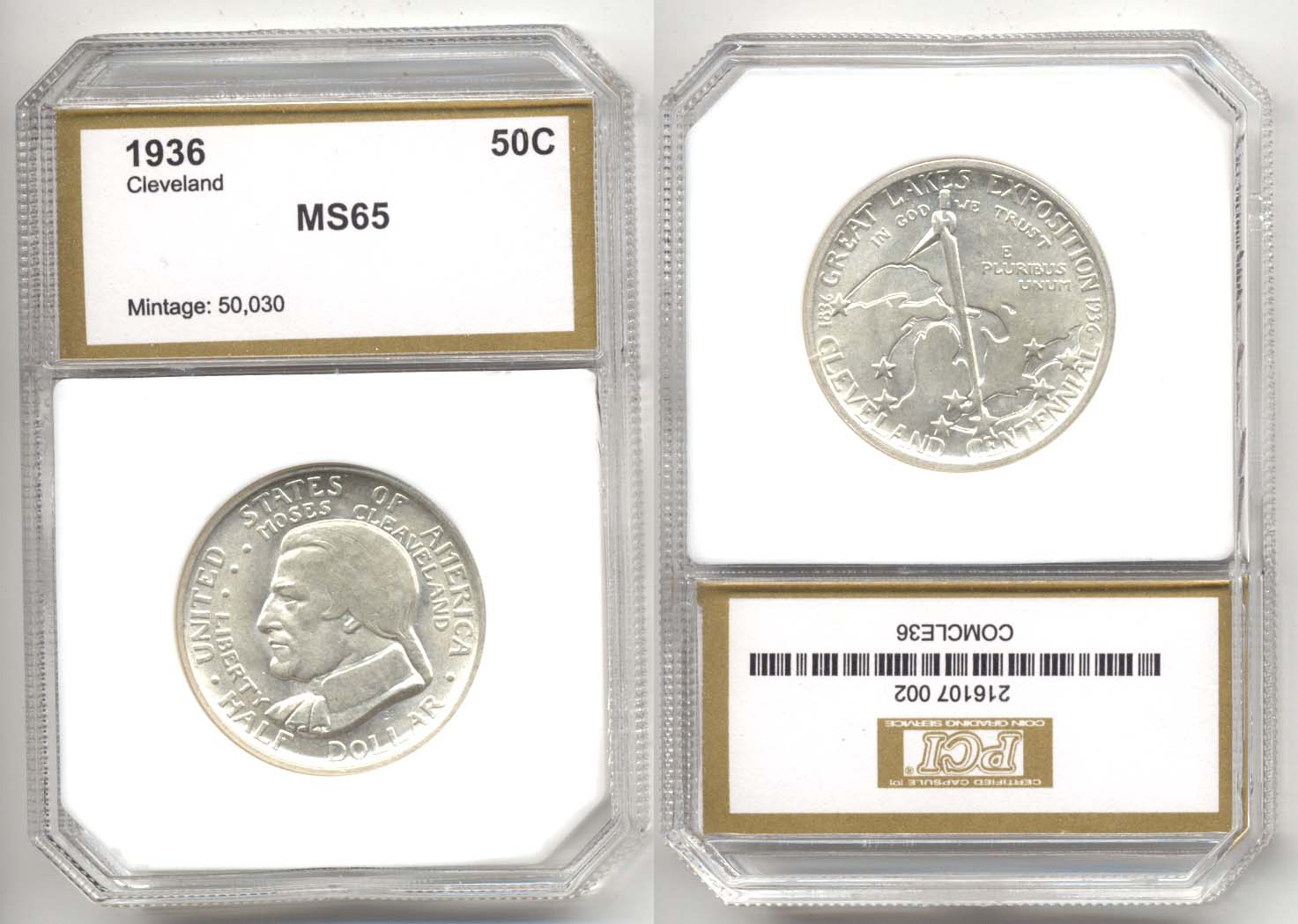 1936 Cleveland Commemorative Half Dollar PCI MS-65