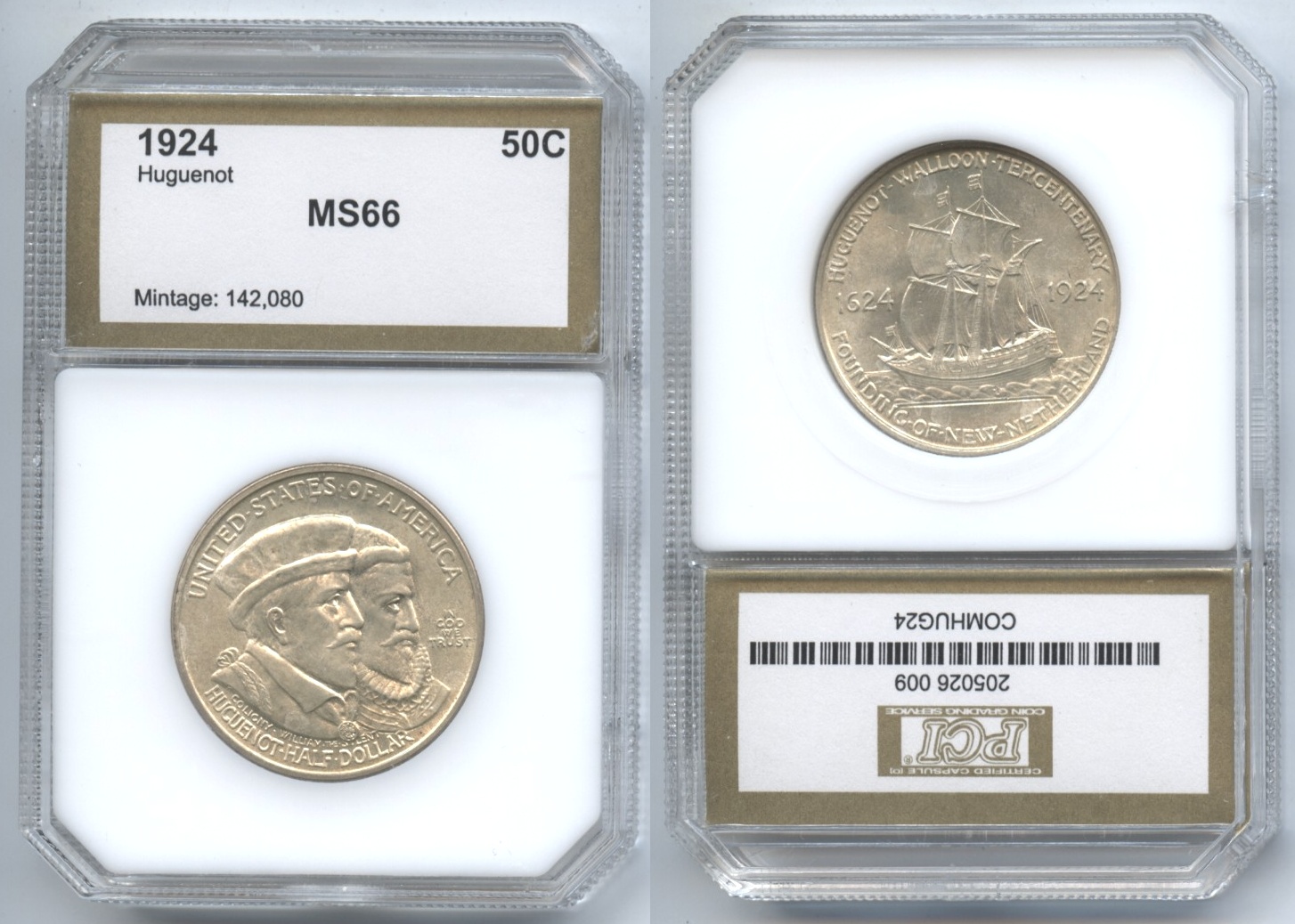 1924 Huguenot Commemorative Half Dollar PCI MS-66