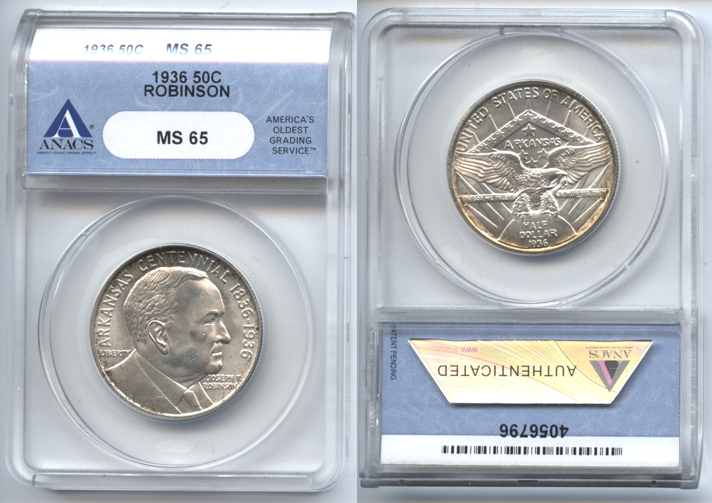 1936 Robinson Arkansas Commemorative Half Dollar ANACS MS-65