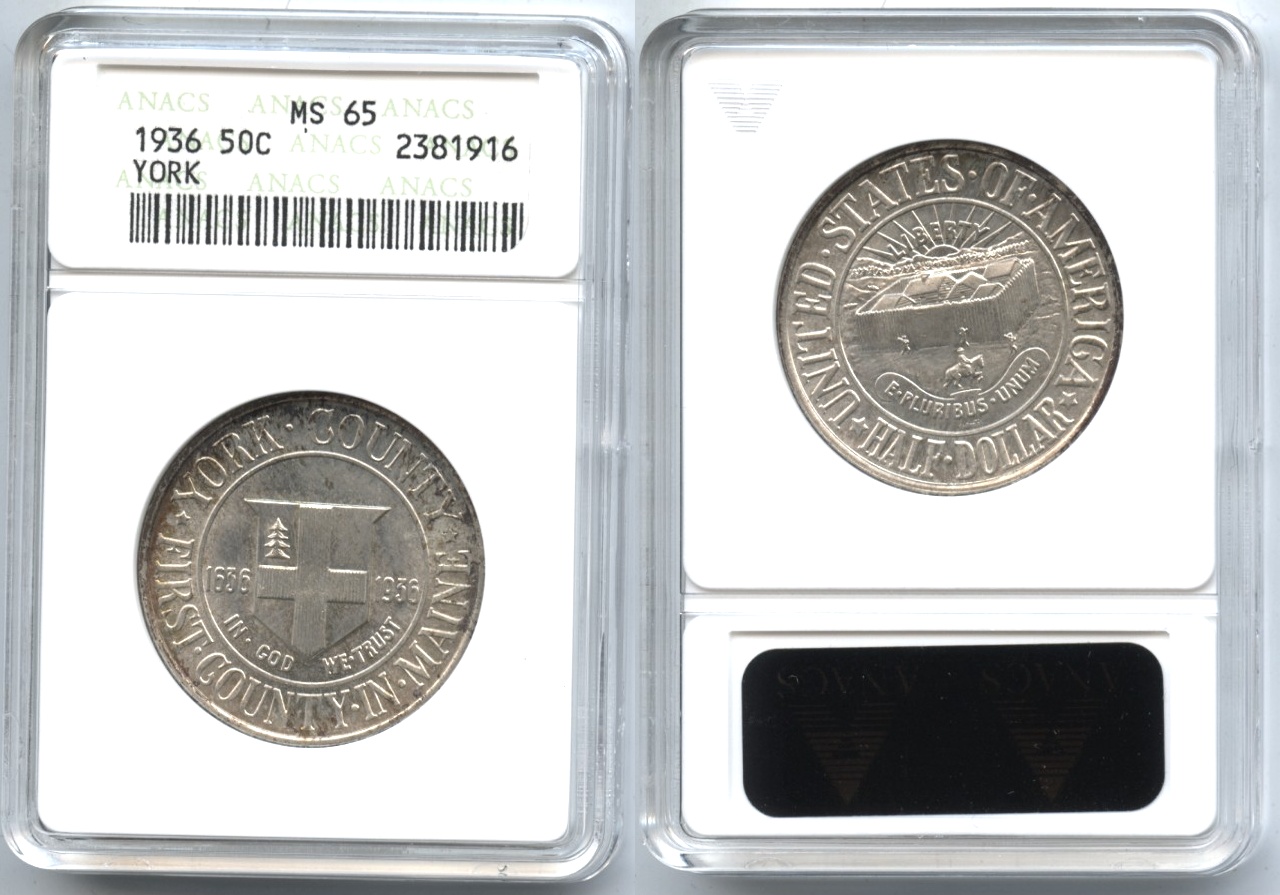1936 York County Maine Tercentenary Commemorative Half Dollar ANACS MS-65