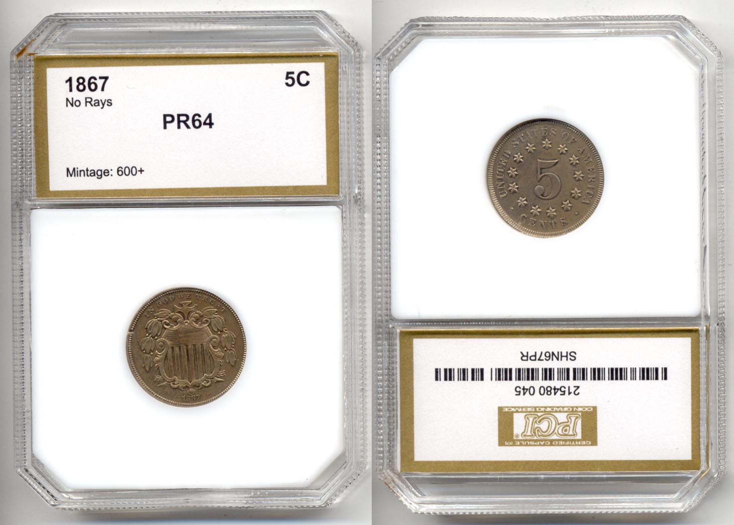 1867 No Rays Shield Nickel PCI Proof-64