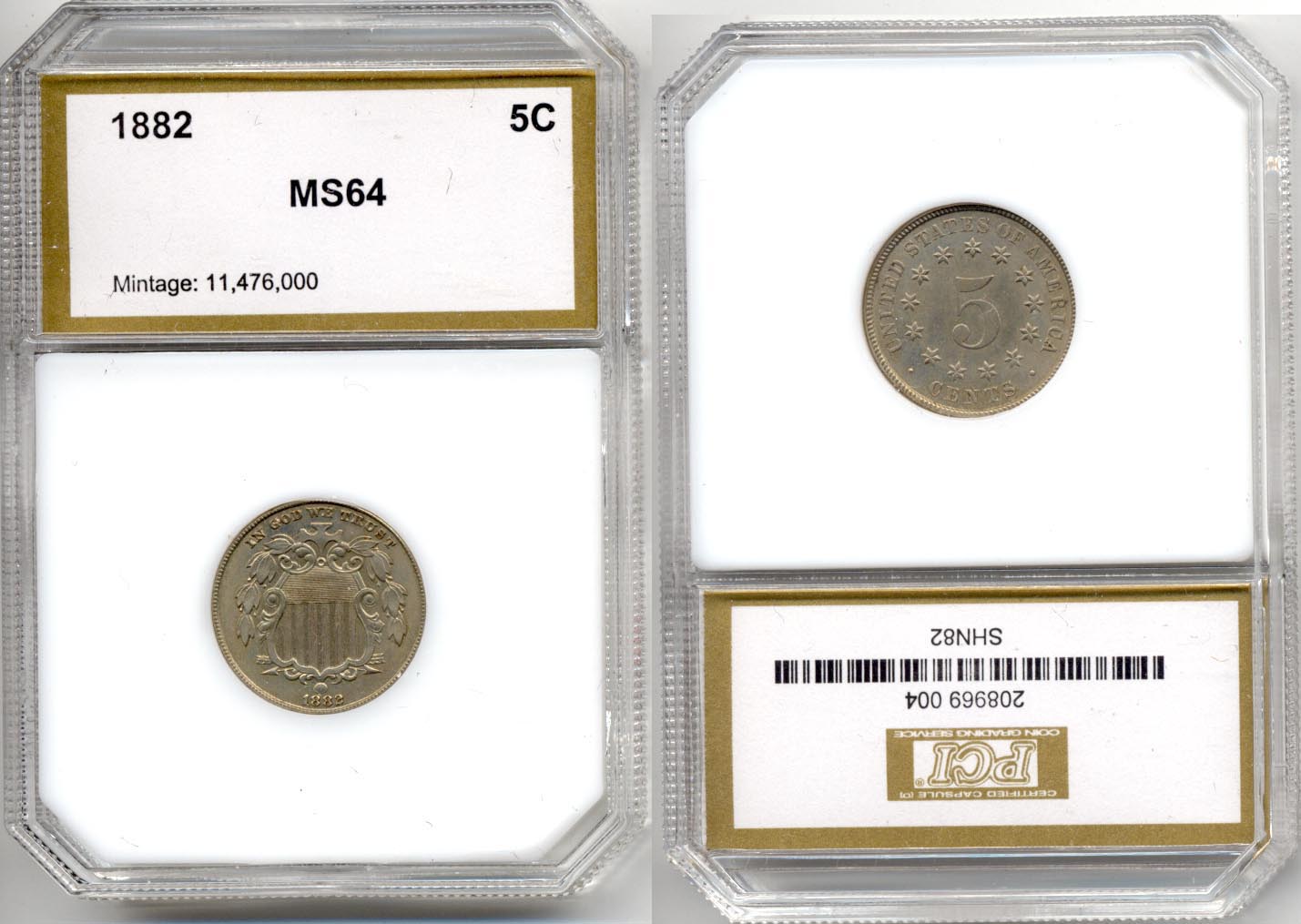 1882 Shield Nickel PCI MS-64