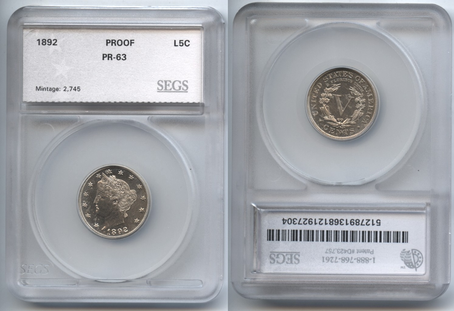 1892 Liberty Nickel SEGS Proof-63