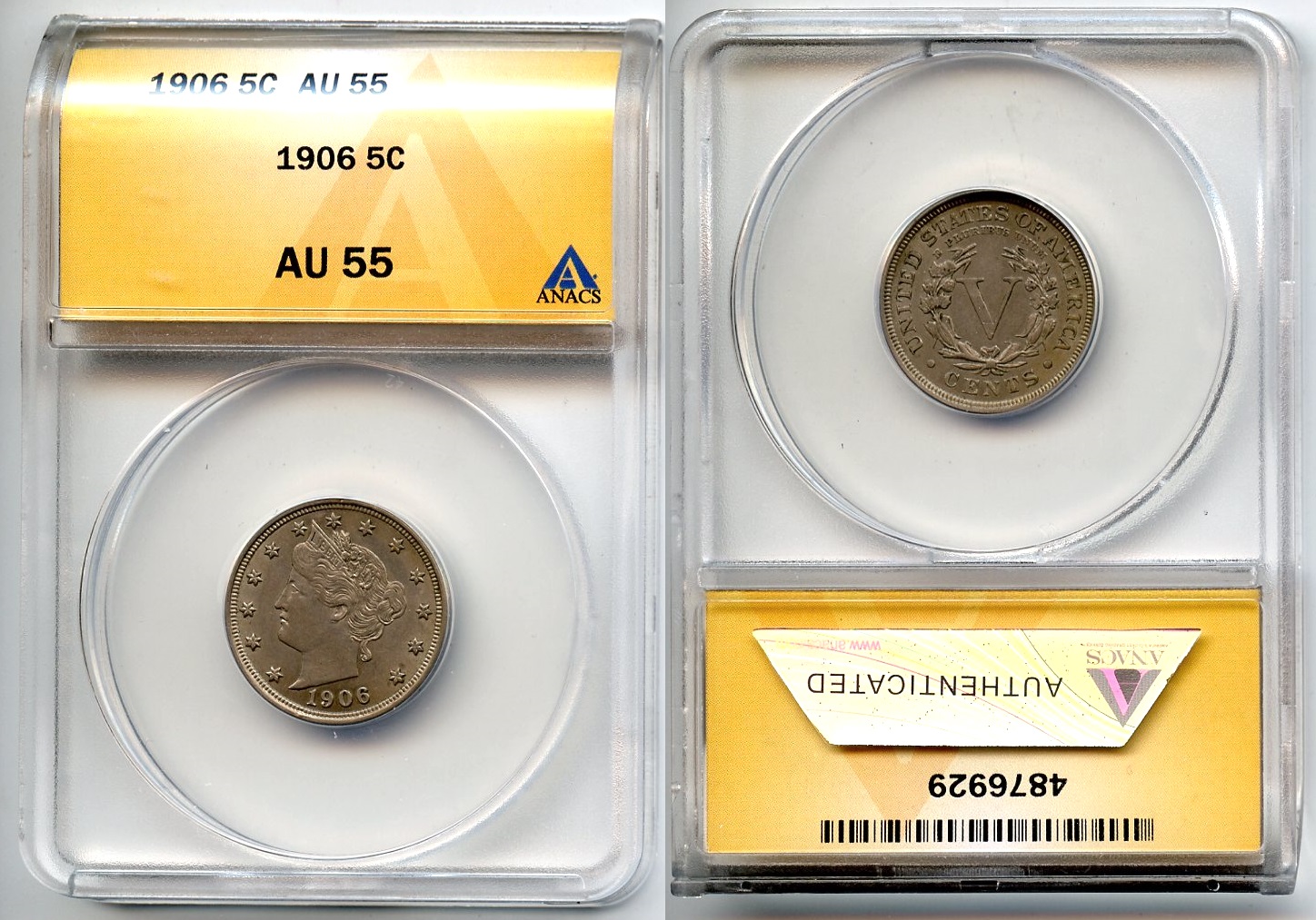 1906 Liberty Head Nickel ANACS AU-55
