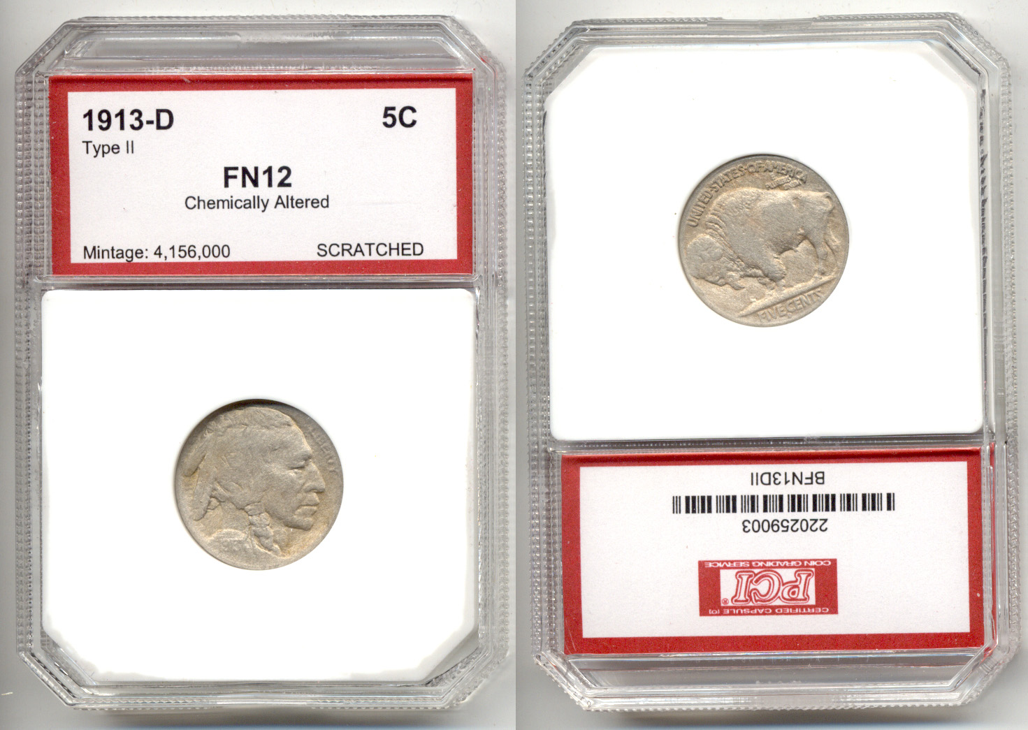 1913-D Type 2 Buffalo Nickel PCI F-12 Chemically Altered